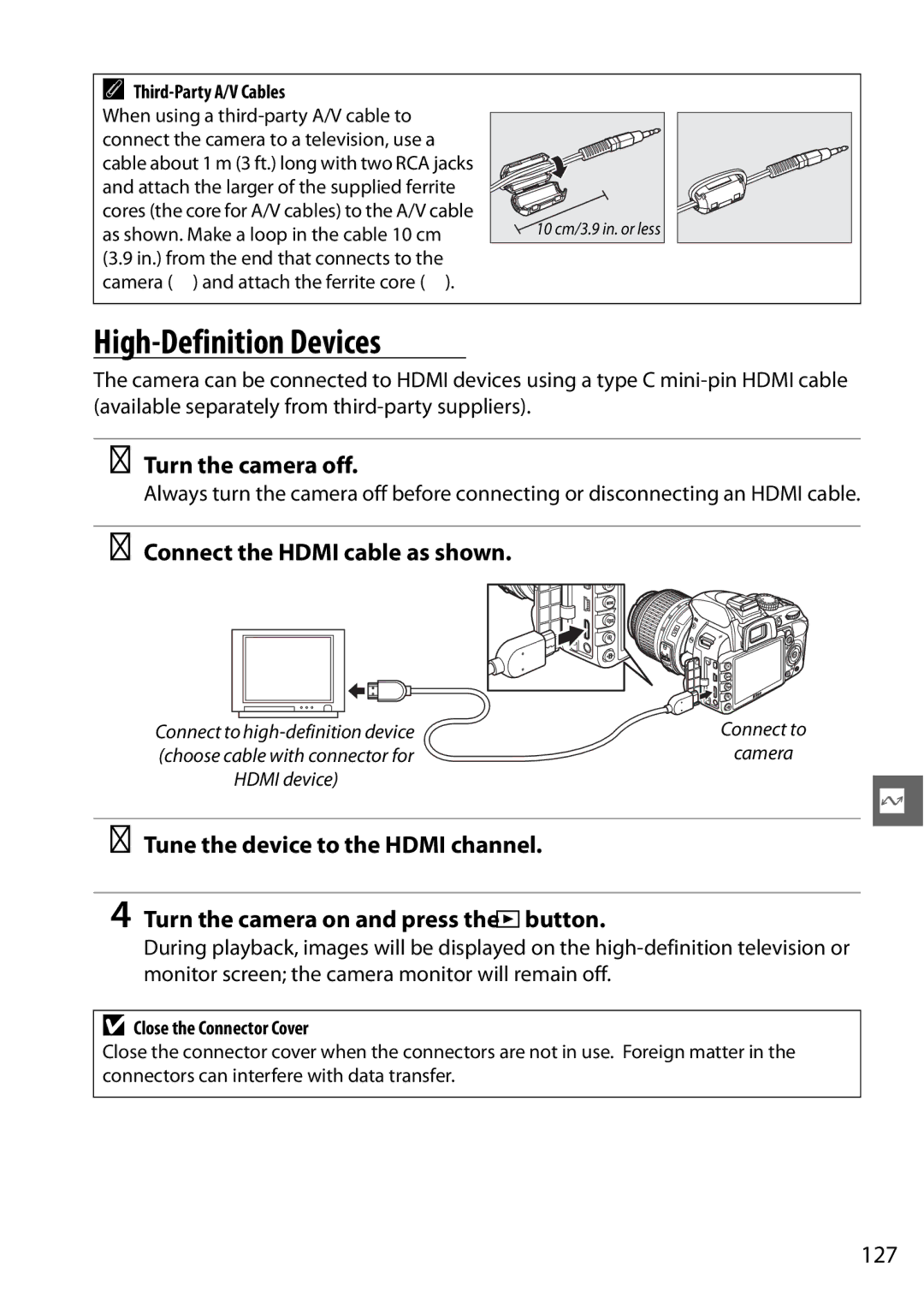 Nikon D3100 2 manual High-Definition Devices, Connect the Hdmi cable as shown, 127, Third-Party A/V Cables 