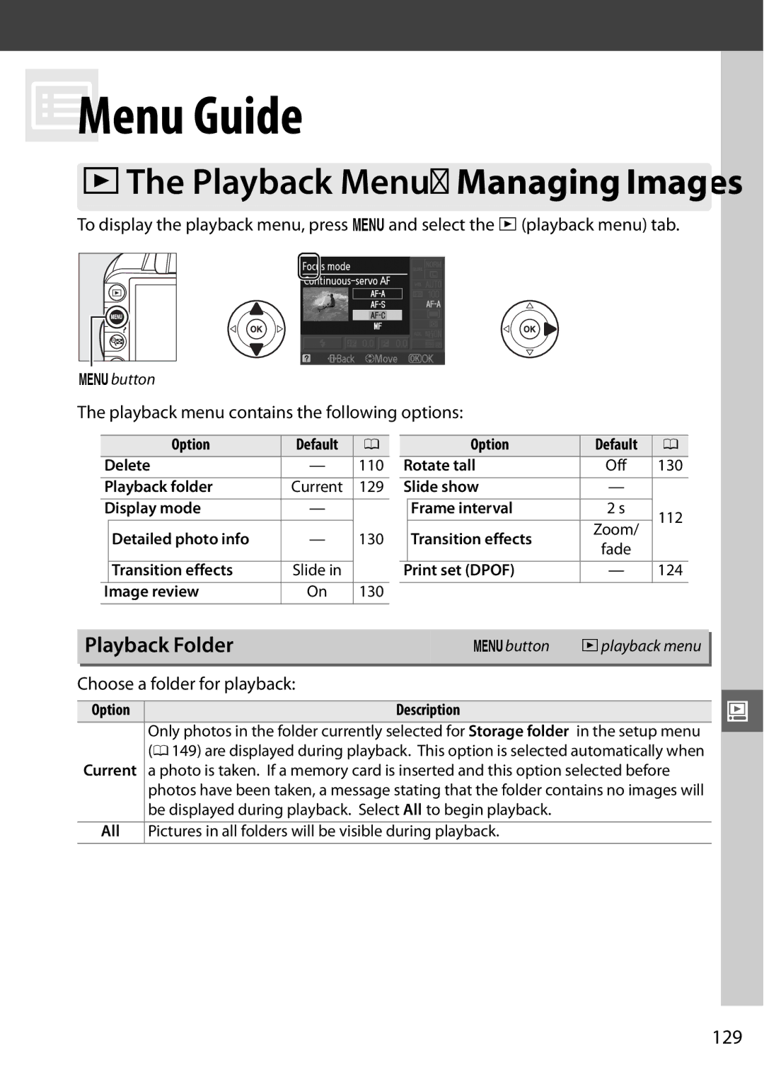 Nikon D3100 2 manual Playback Folder, 129, Playback menu contains the following options, Choose a folder for playback 