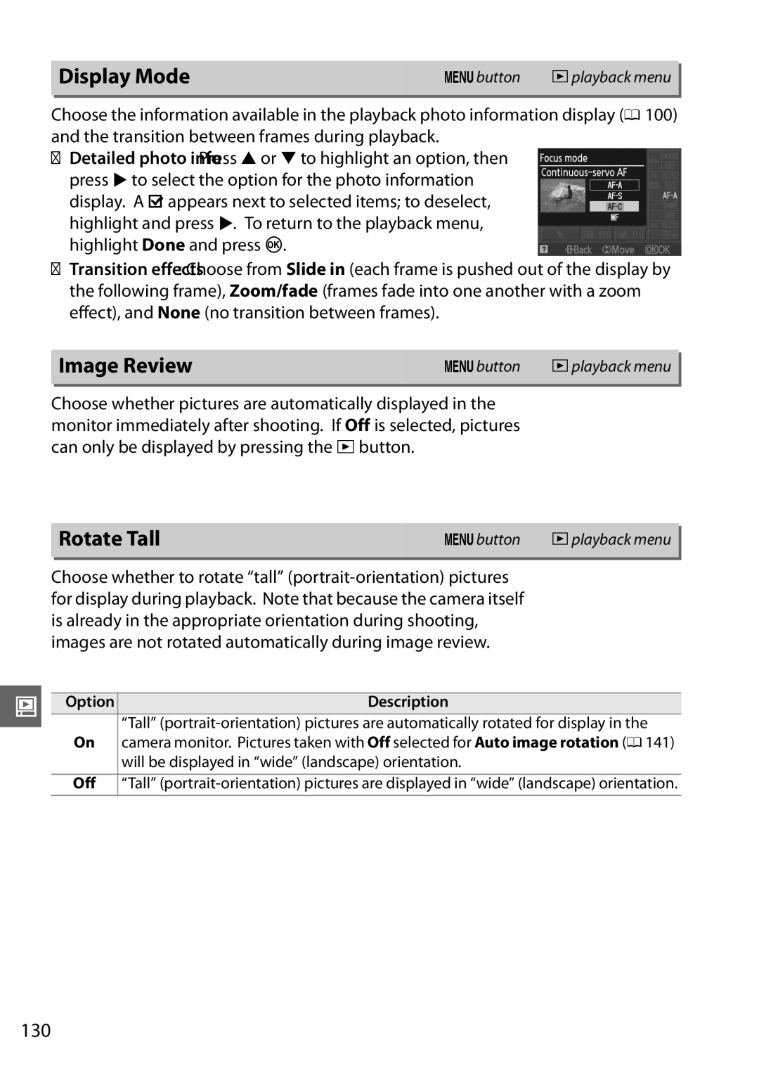 Nikon D3100 2 manual Display Mode, Image Review, Rotate Tall, 130, Will be displayed in wide landscape orientation 