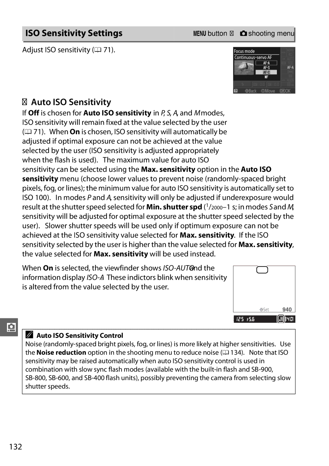 Nikon D3100 2 manual ISO Sensitivity Settings, 132, Adjust ISO sensitivity 0, Auto ISO Sensitivity Control 