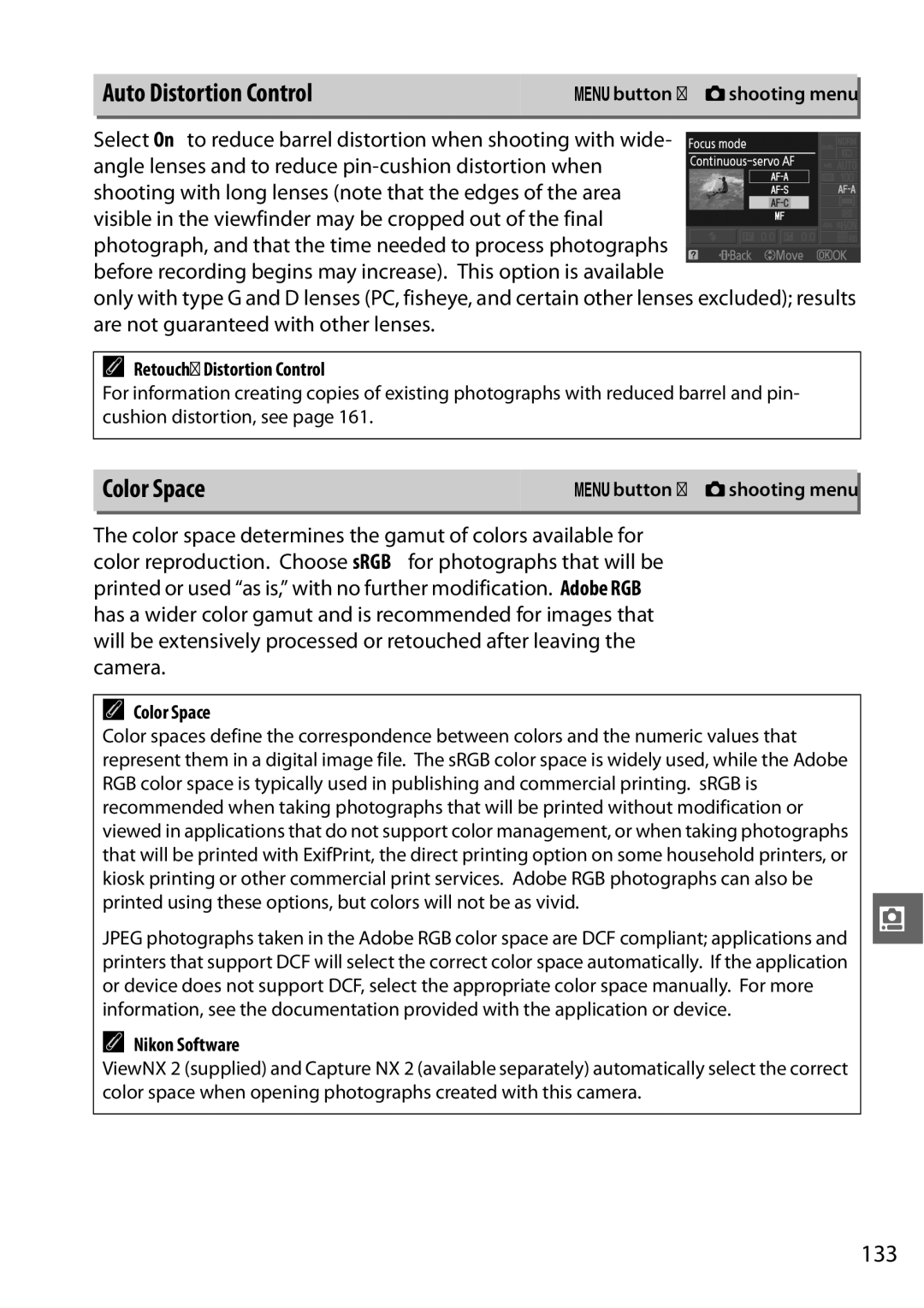 Nikon D3100 2 manual Auto Distortion Control, Color Space, 133 