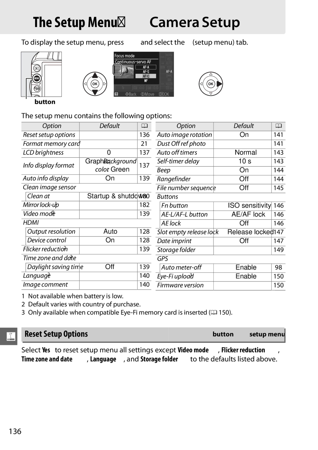 Nikon D3100 2 manual BThe Setup Menu Camera Setup, Reset Setup Options, 136, Setup menu contains the following options 