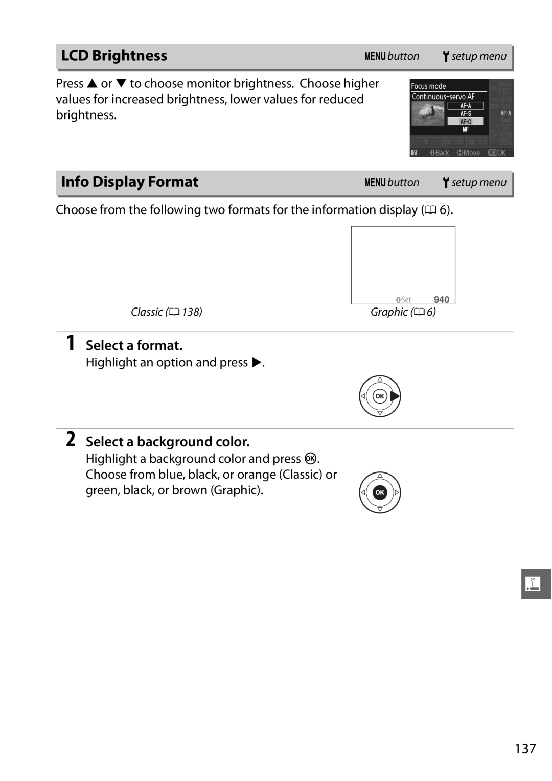 Nikon D3100 2 manual LCD Brightness, Info Display Format, Select a format, Select a background color, 137 