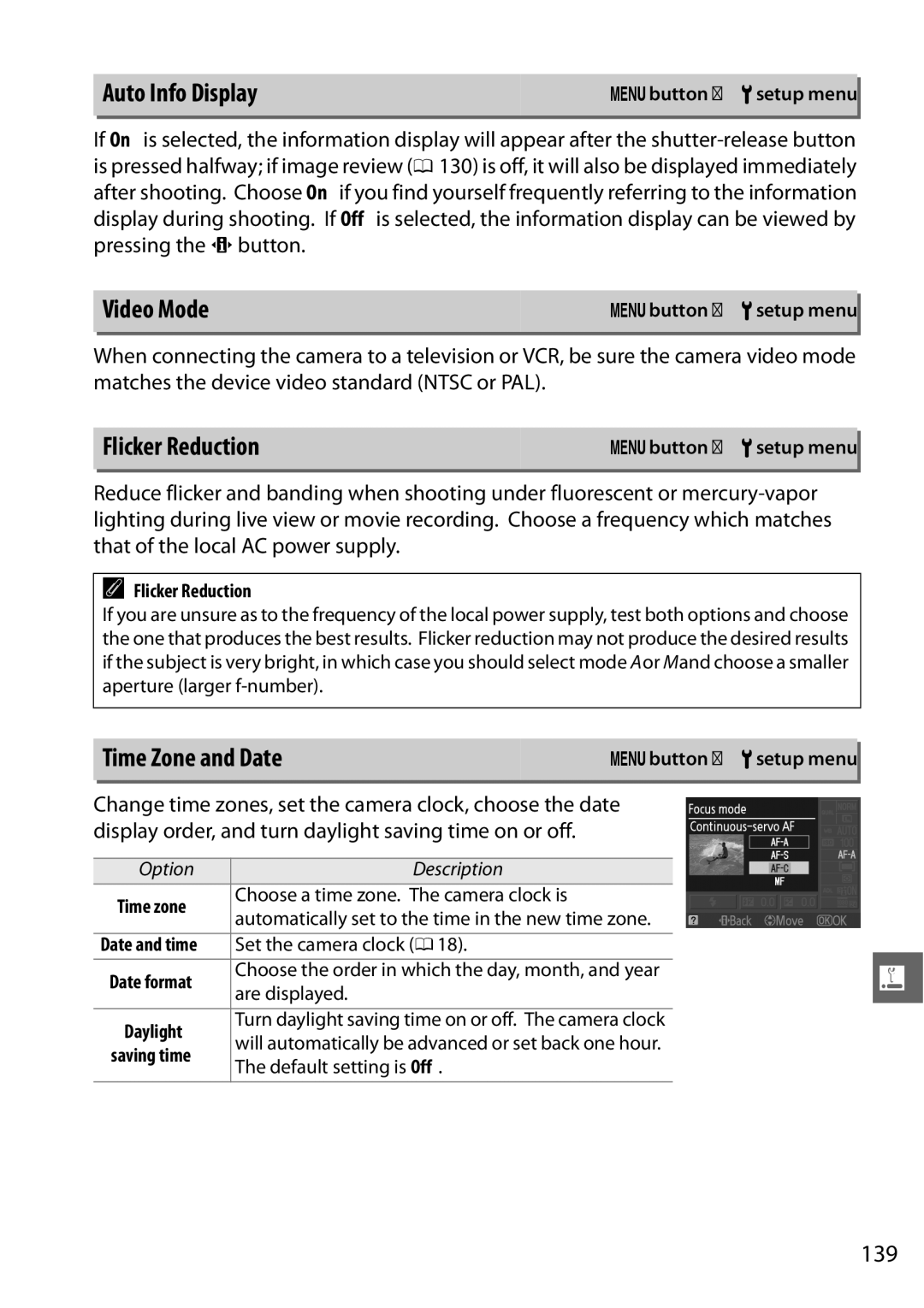 Nikon D3100 2 manual Auto Info Display, Video Mode, Flicker Reduction, Time Zone and Date, 139 