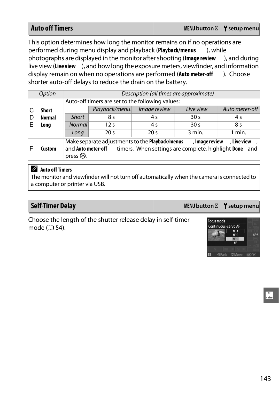 Nikon D3100 2 manual Auto off Timers, Self-Timer Delay, 143 