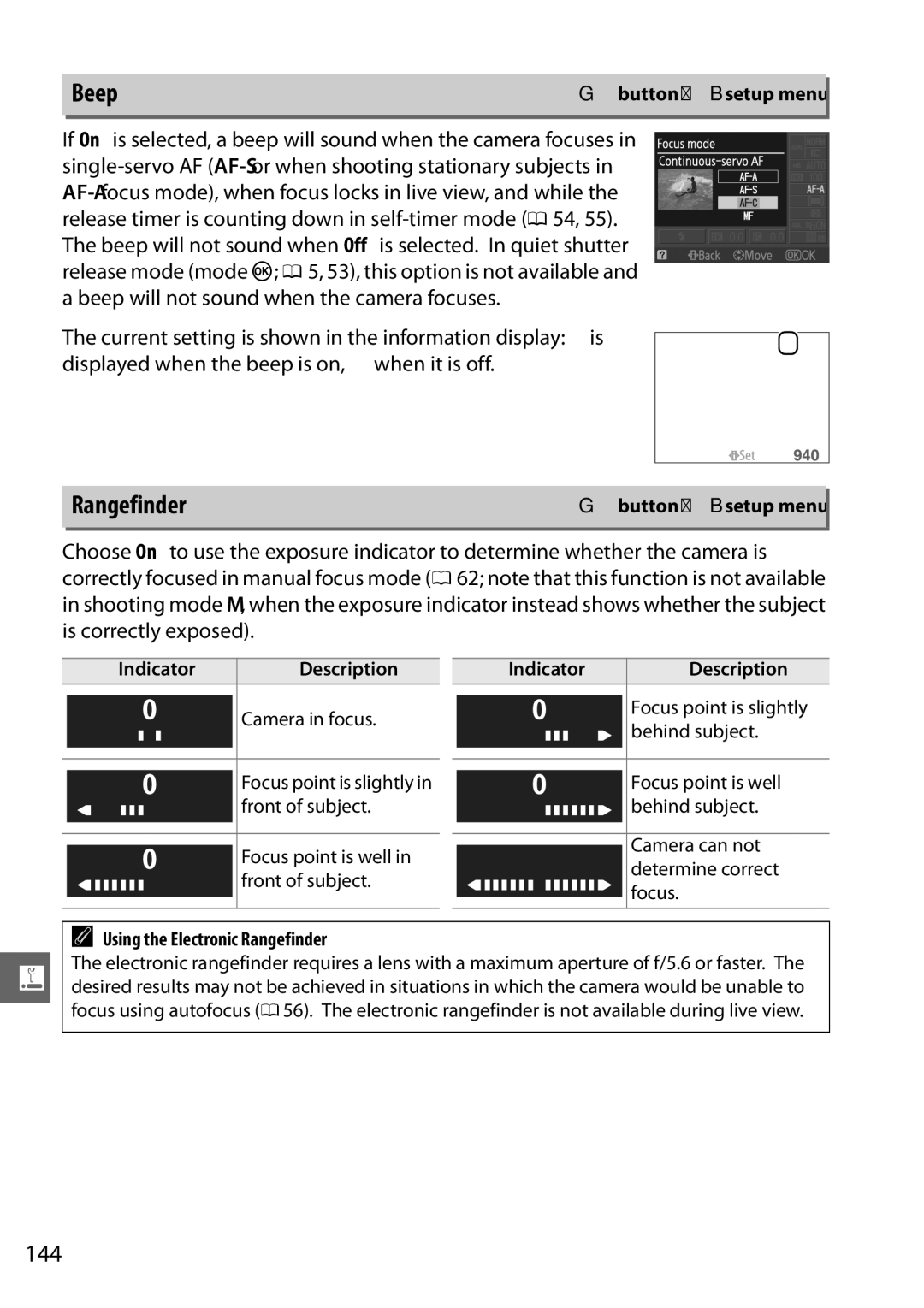 Nikon D3100 2 manual Beep, 144, Indicator Description, Using the Electronic Rangefinder 