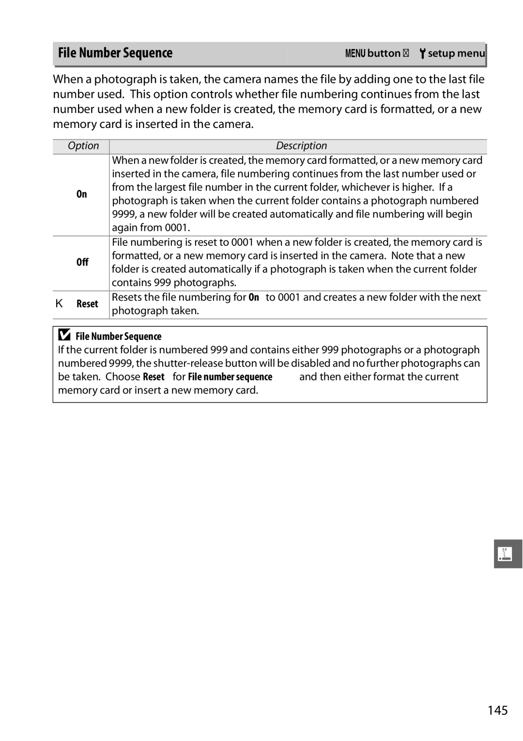 Nikon D3100 2 manual File Number Sequence, 145, KReset 