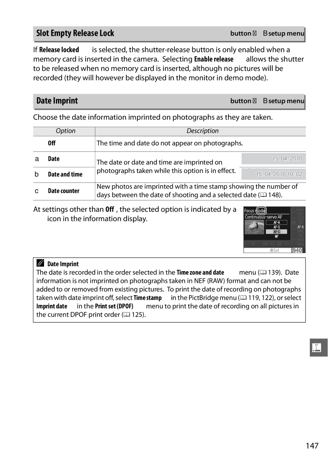 Nikon D3100 2 manual Slot Empty Release Lock, Date Imprint, 147 