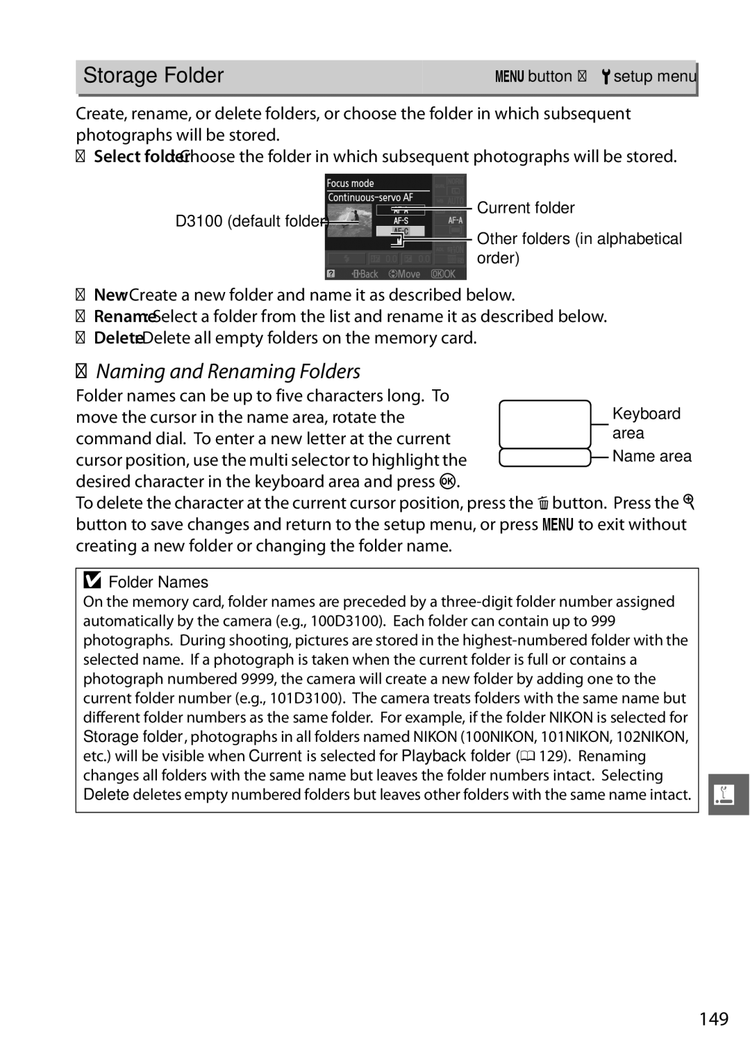 Nikon D3100 2 manual Storage Folder, Naming and Renaming Folders, 149, Folder Names 