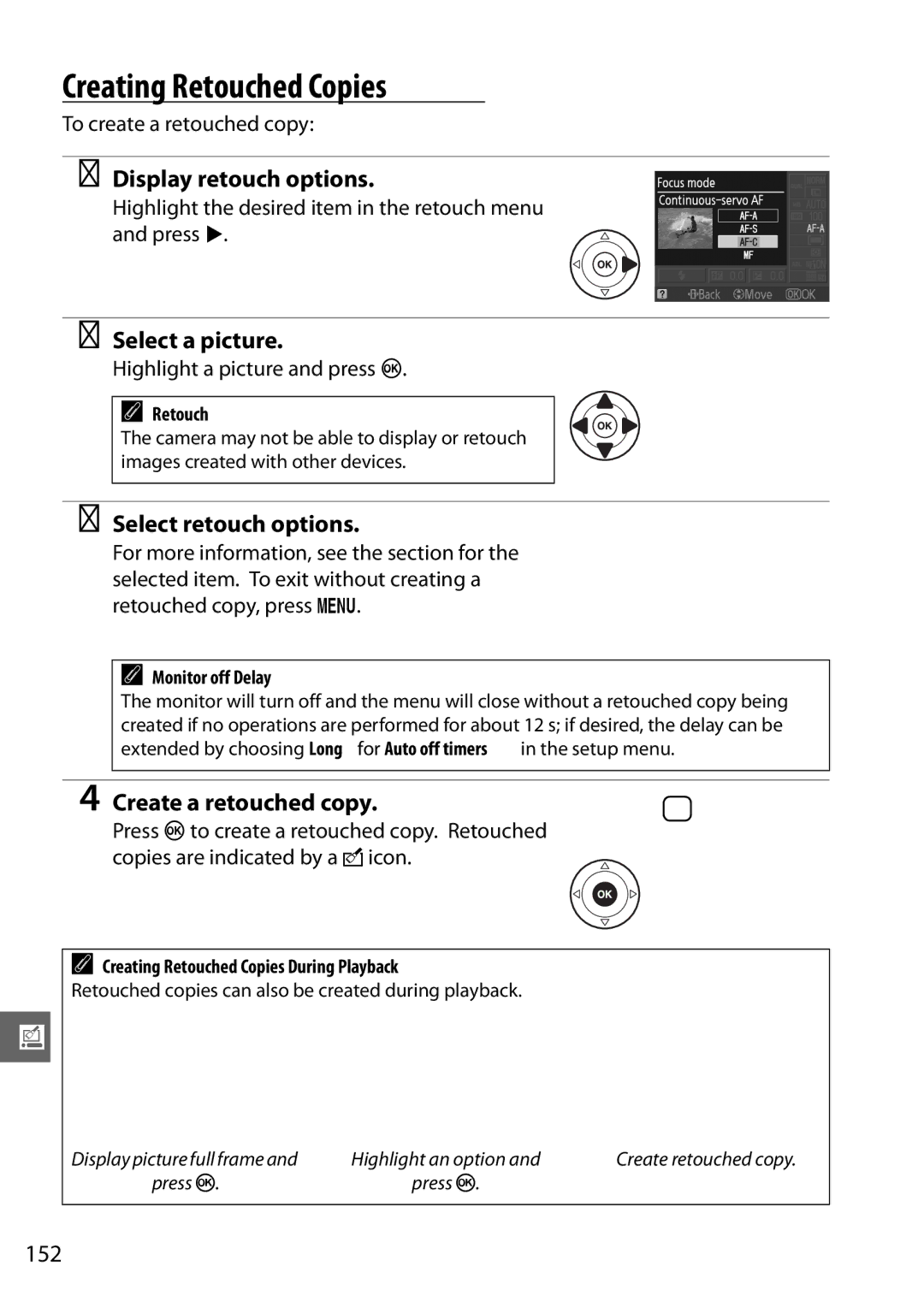 Nikon D3100 2 Creating Retouched Copies, Display retouch options, Select retouch options, Create a retouched copy, 152 