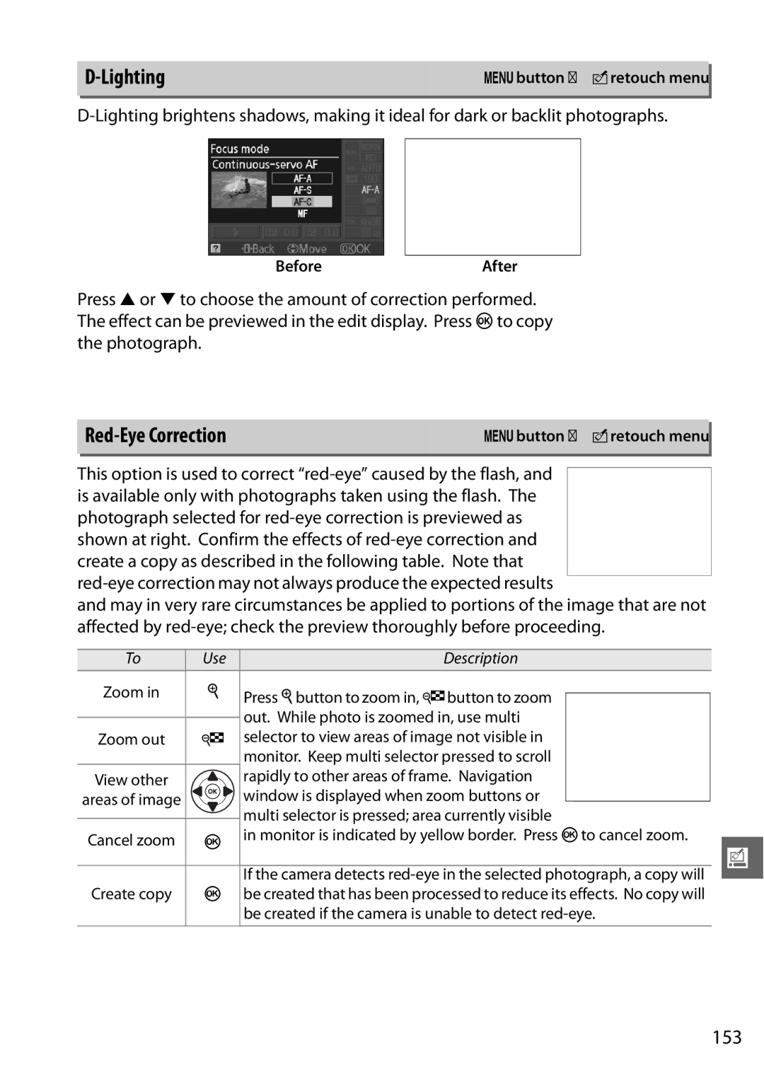 Nikon D3100 2 manual Lighting, Red-Eye Correction, 153, Rapidly to other areas of frame. Navigation 