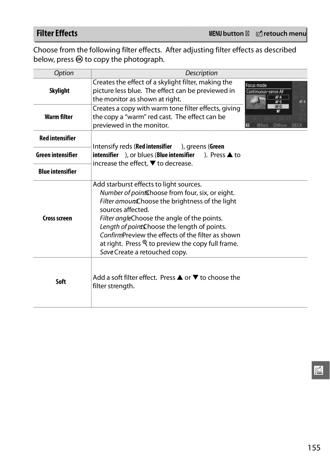 Nikon D3100 2 manual Filter Effects, 155, Intensifier , or blues Blue intensifier . Press 1 to 