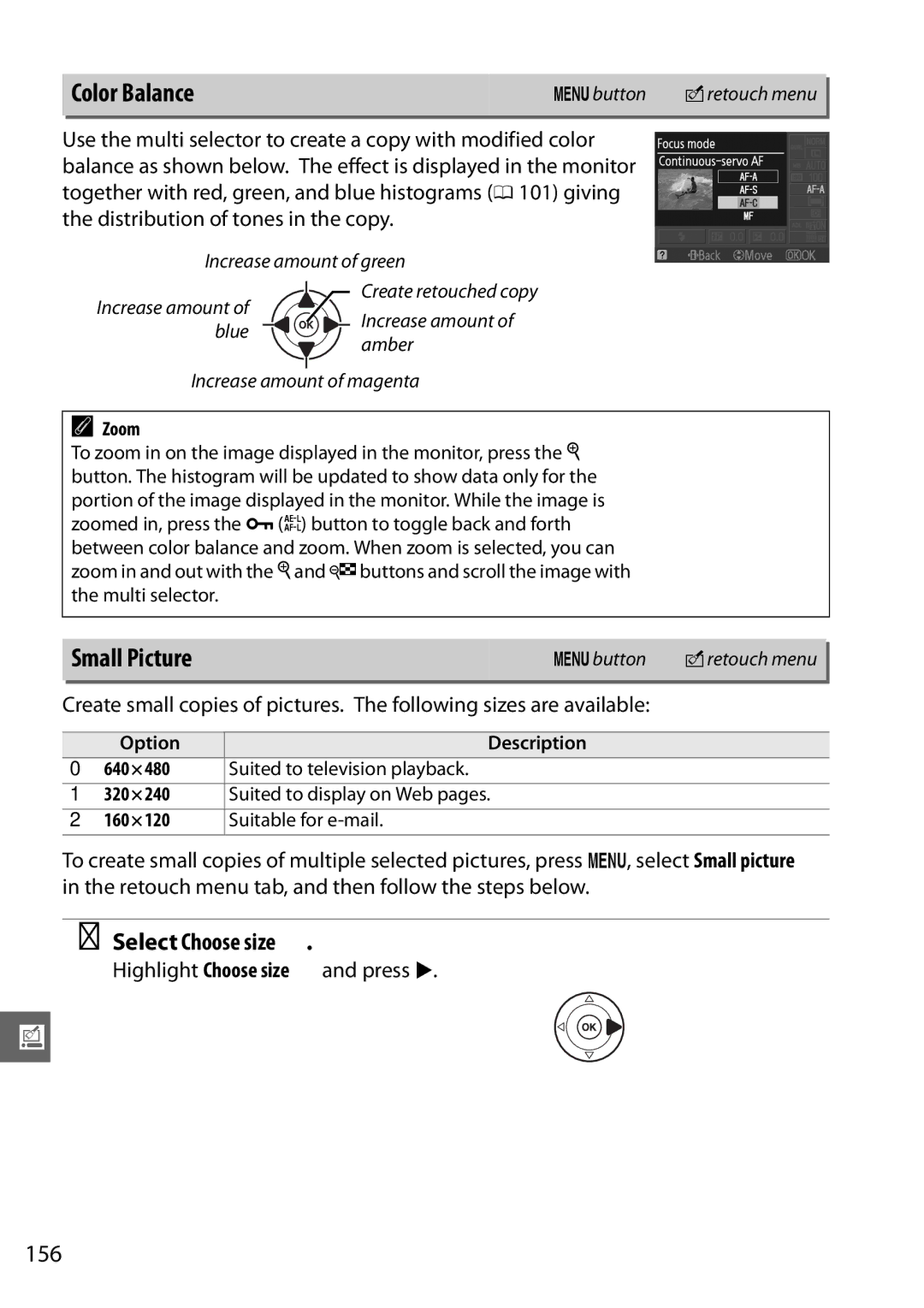 Nikon D3100 2 manual Color Balance, Small Picture, Select Choose size, 156, Highlight Choose size and press 