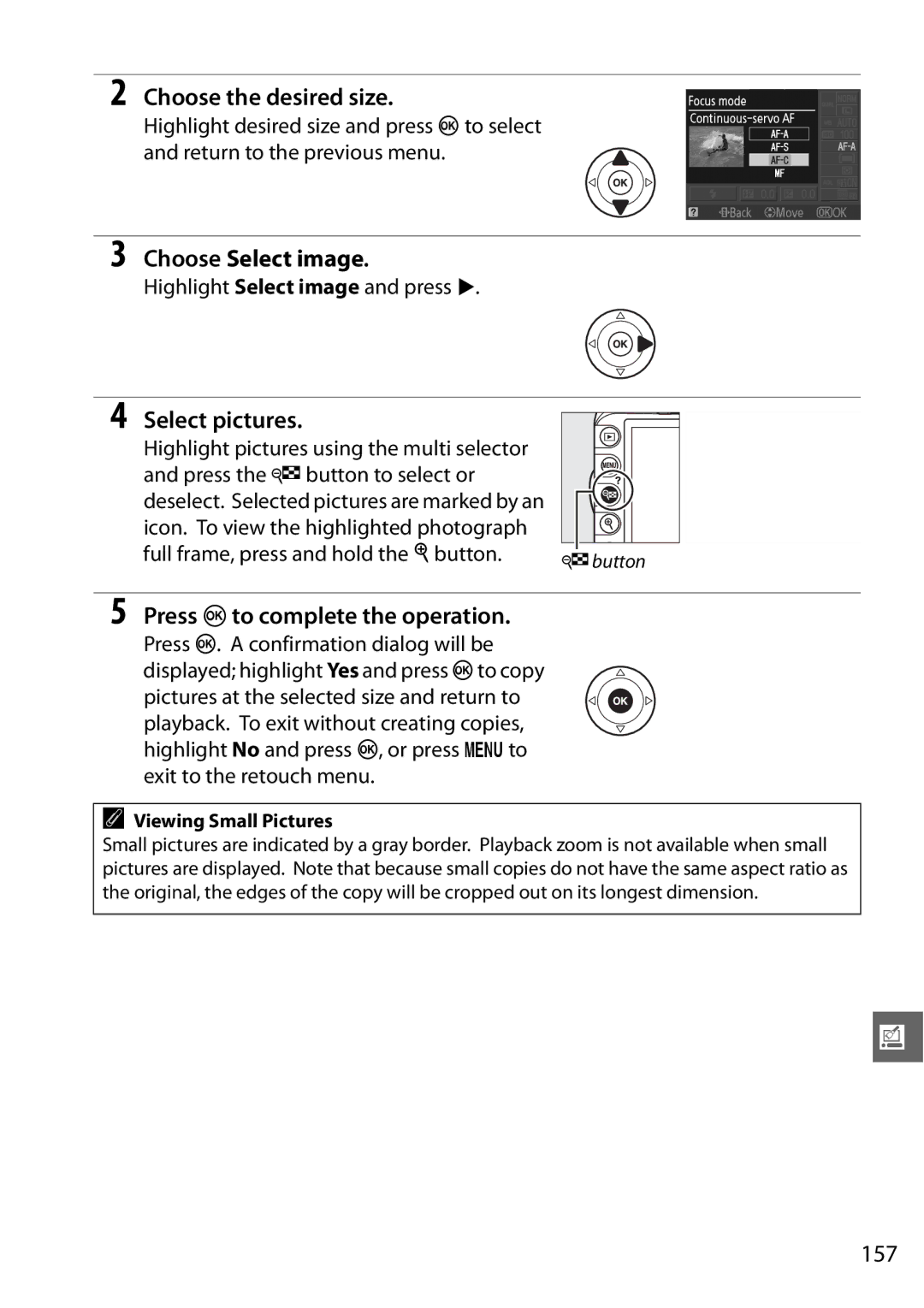 Nikon D3100 2 Choose the desired size, 157, Highlight Select image and press, Deselect. Selected pictures are marked by an 