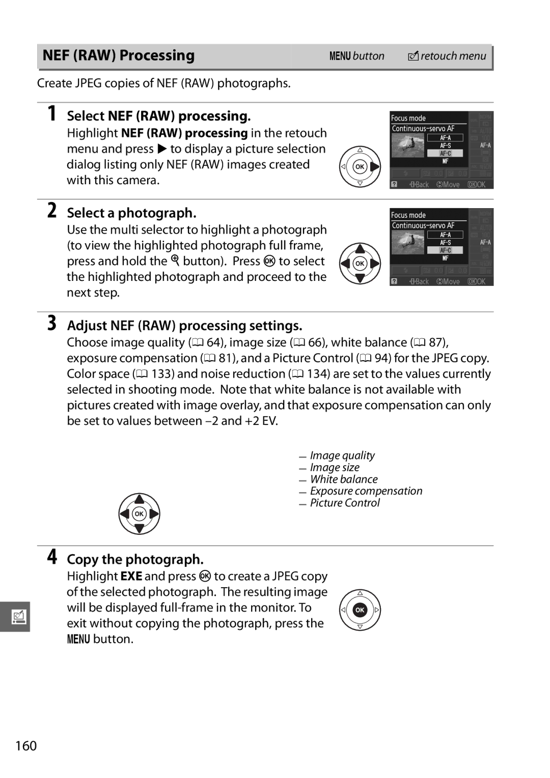 Nikon D3100 2 manual NEF RAW Processing, Select NEF RAW processing, Select a photograph, Adjust NEF RAW processing settings 