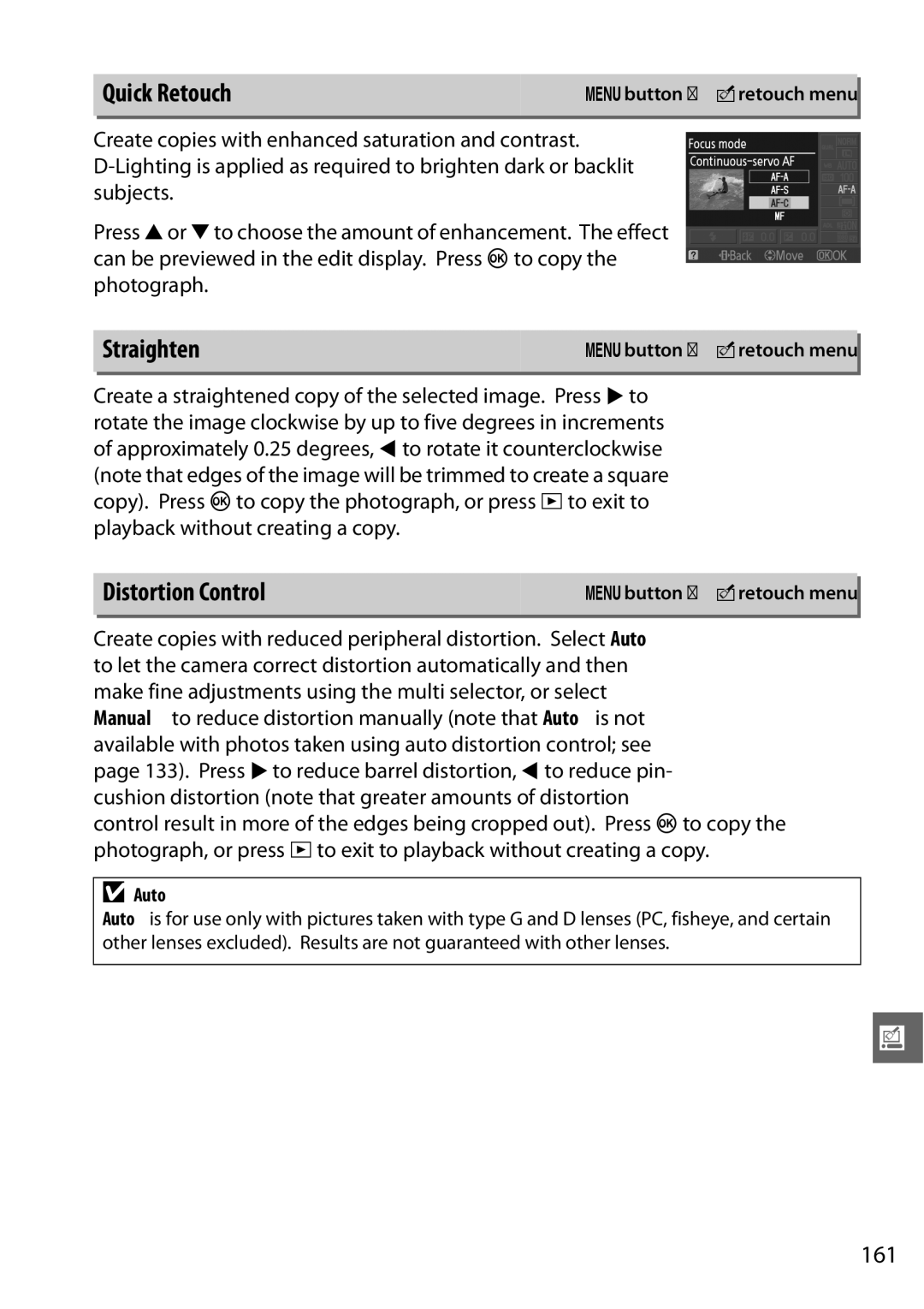 Nikon D3100 2 manual Quick Retouch, Straighten, Distortion Control, 161 