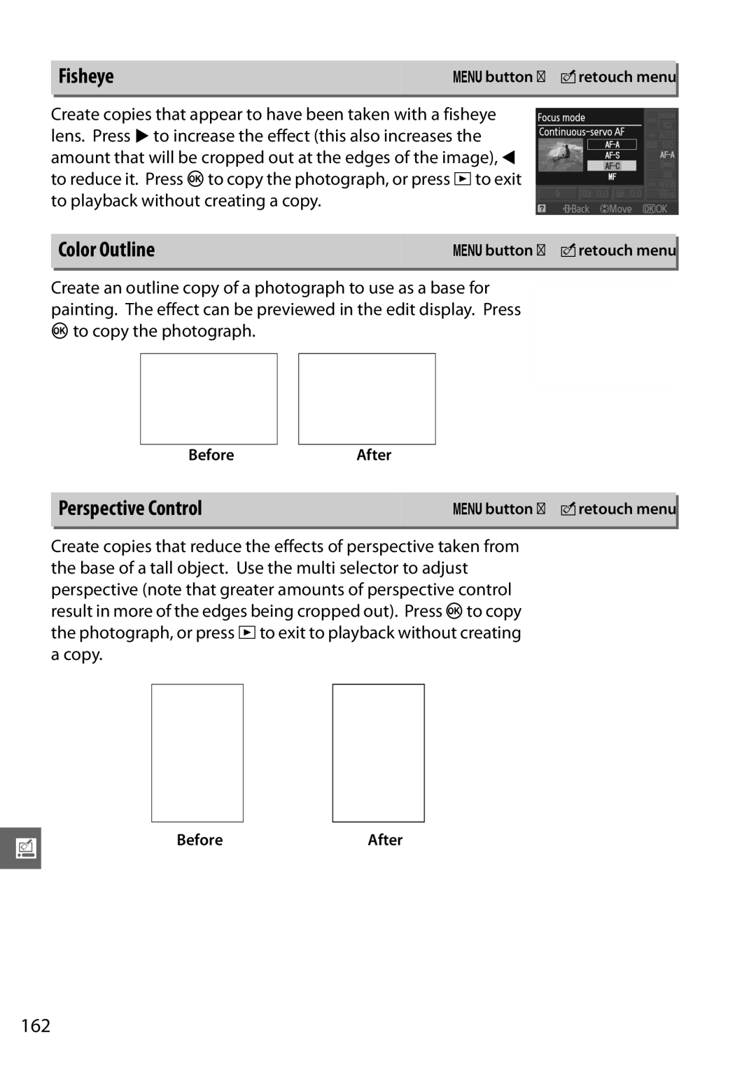 Nikon D3100 2 manual Fisheye, Color Outline, Perspective Control, 162 