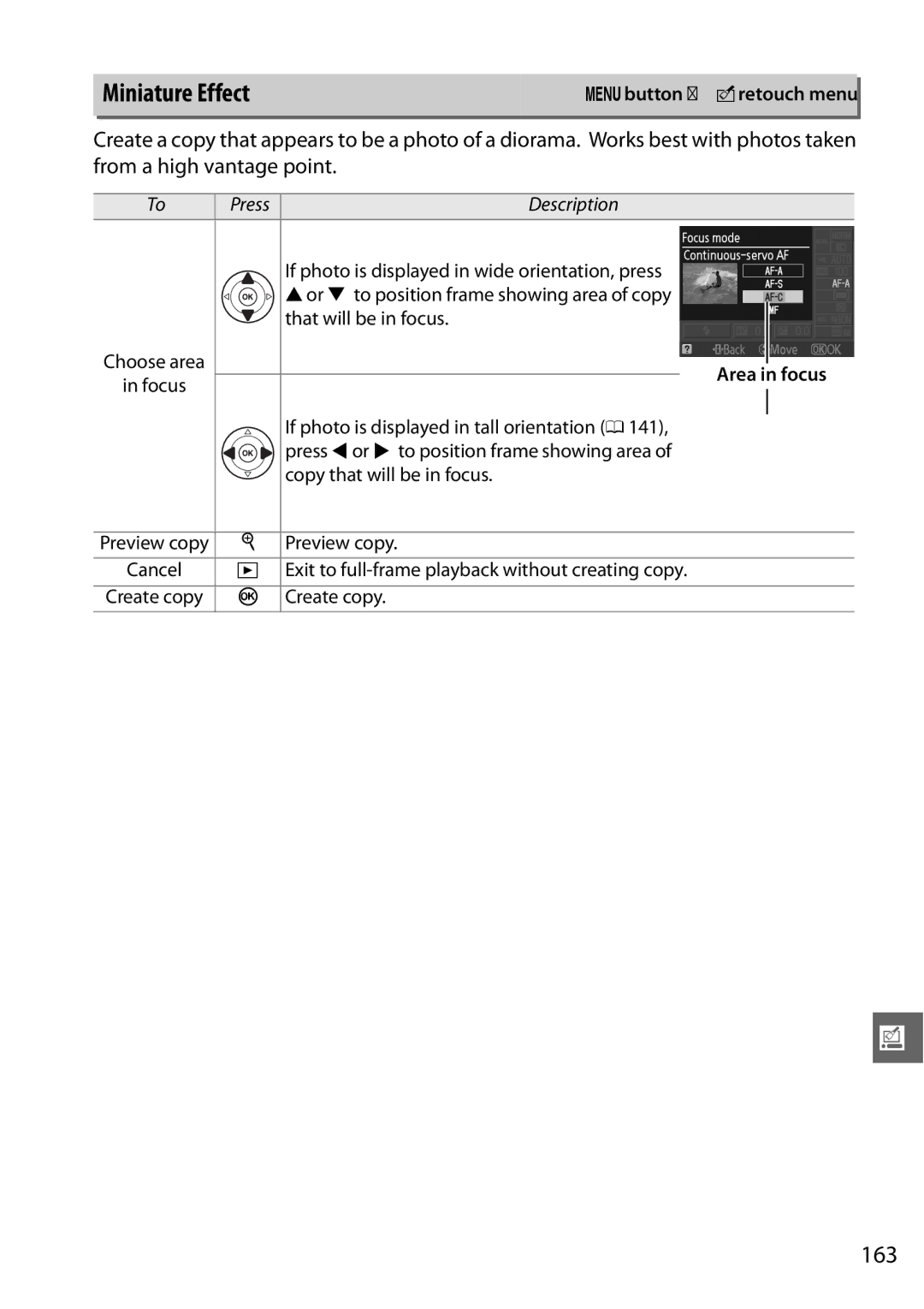 Nikon D3100 2 manual Miniature Effect, 163, Press Description 