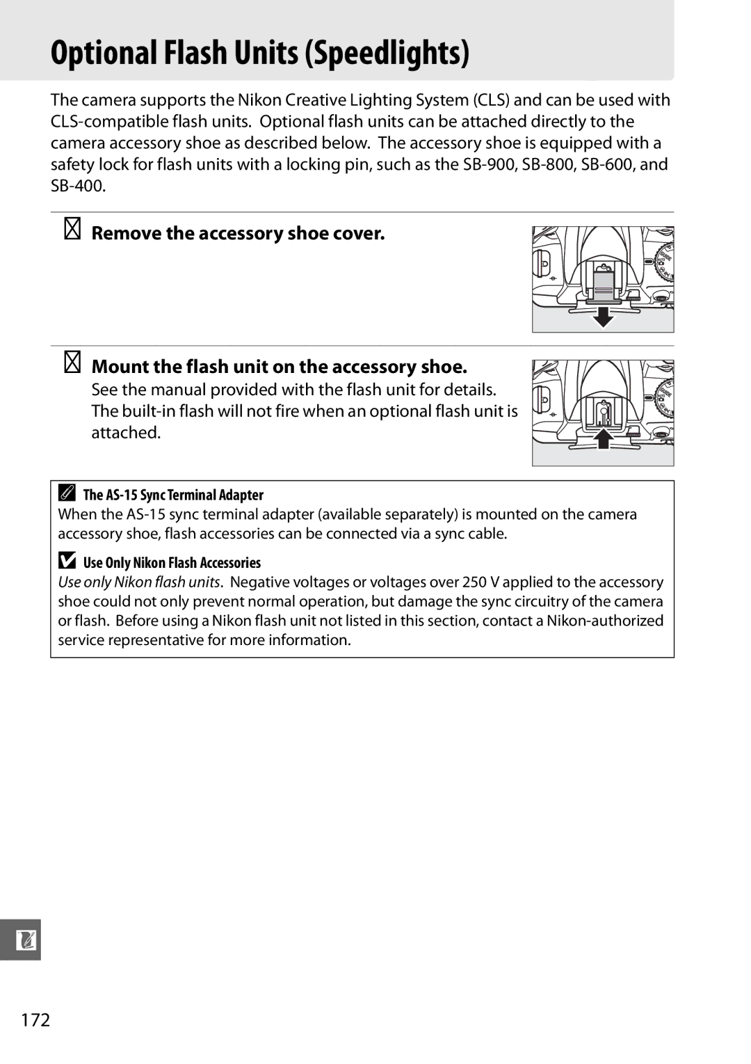 Nikon D3100 2 manual Optional Flash Units Speedlights, 172, AS-15 Sync Terminal Adapter, Use Only Nikon Flash Accessories 