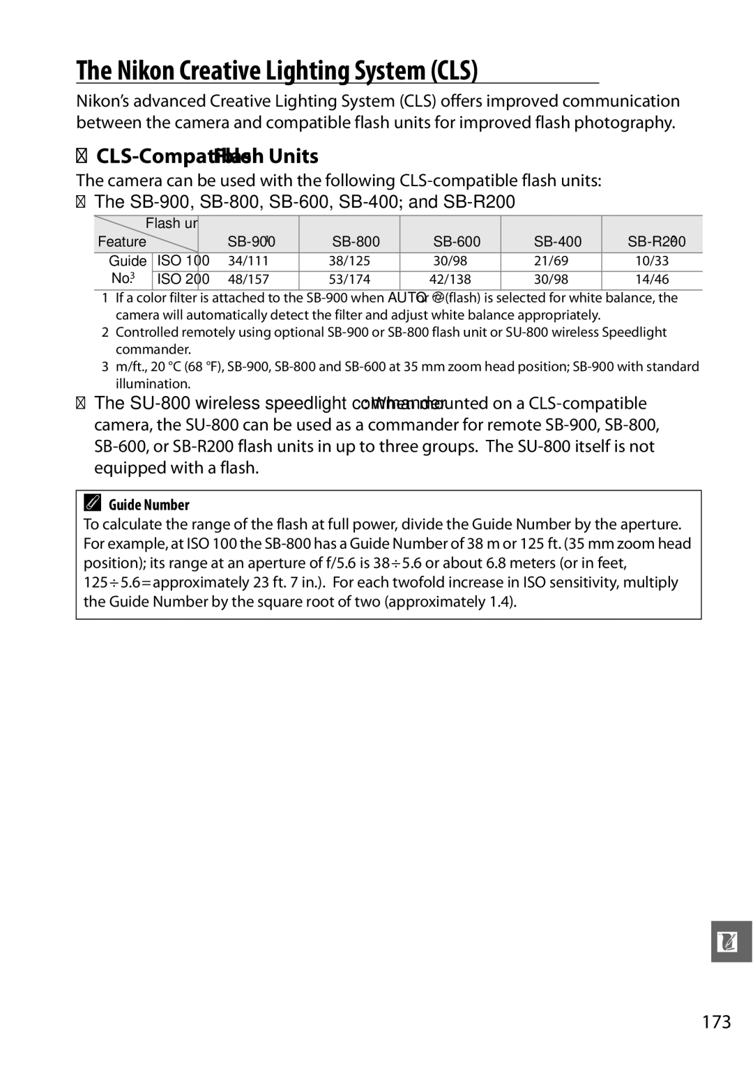 Nikon D3100 2 manual Nikon Creative Lighting System CLS, CLS-Compatible Flash Units, 173, Guide Number 