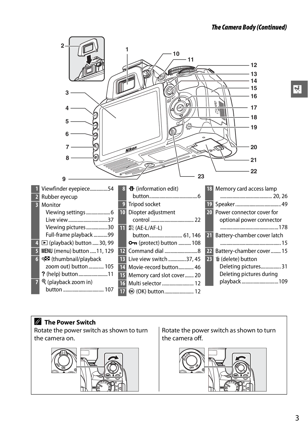 Nikon D3100 2 manual Camera Body, Power Switch 