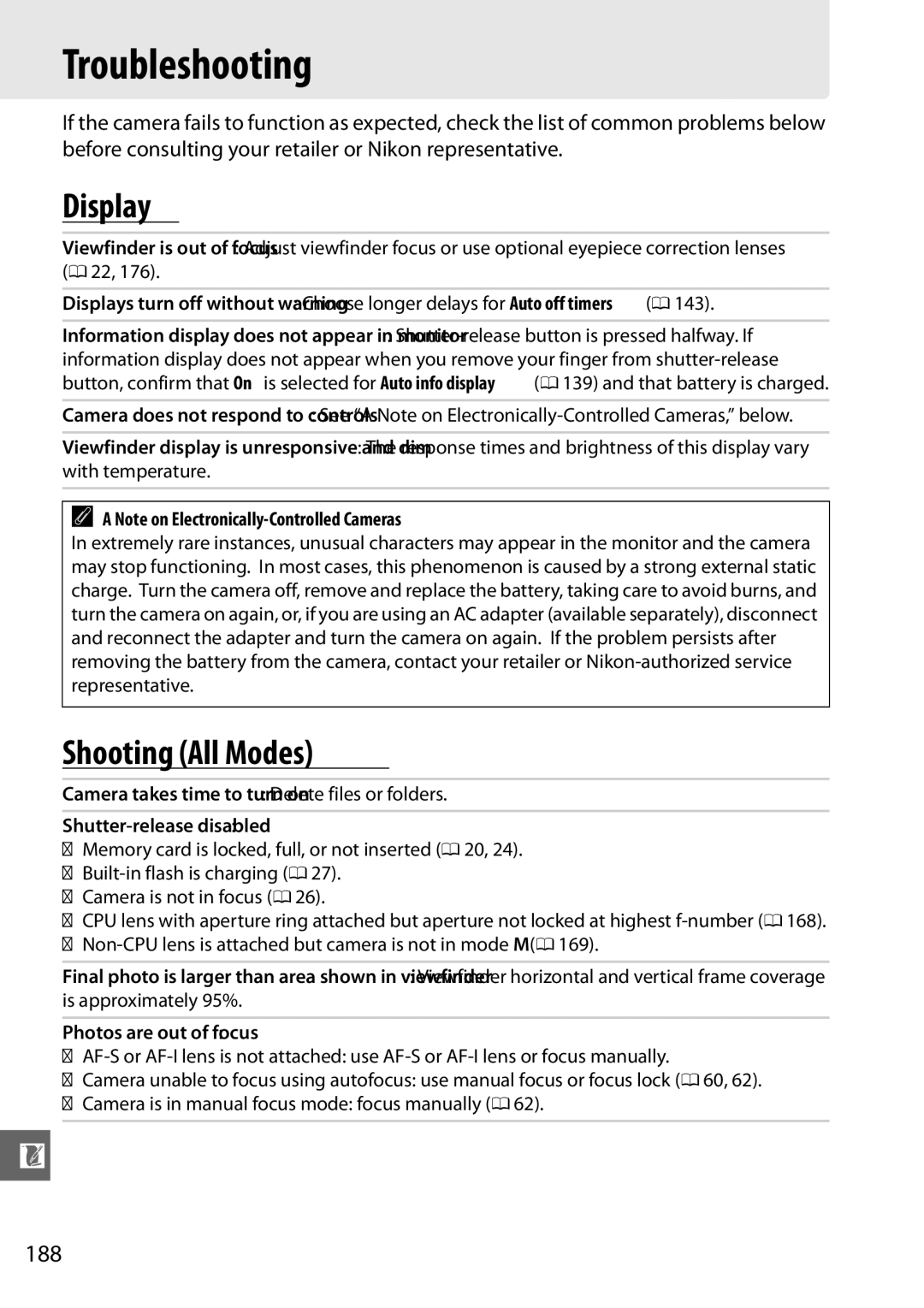 Nikon D3100 2 manual Troubleshooting, Display, Shooting All Modes, 188 