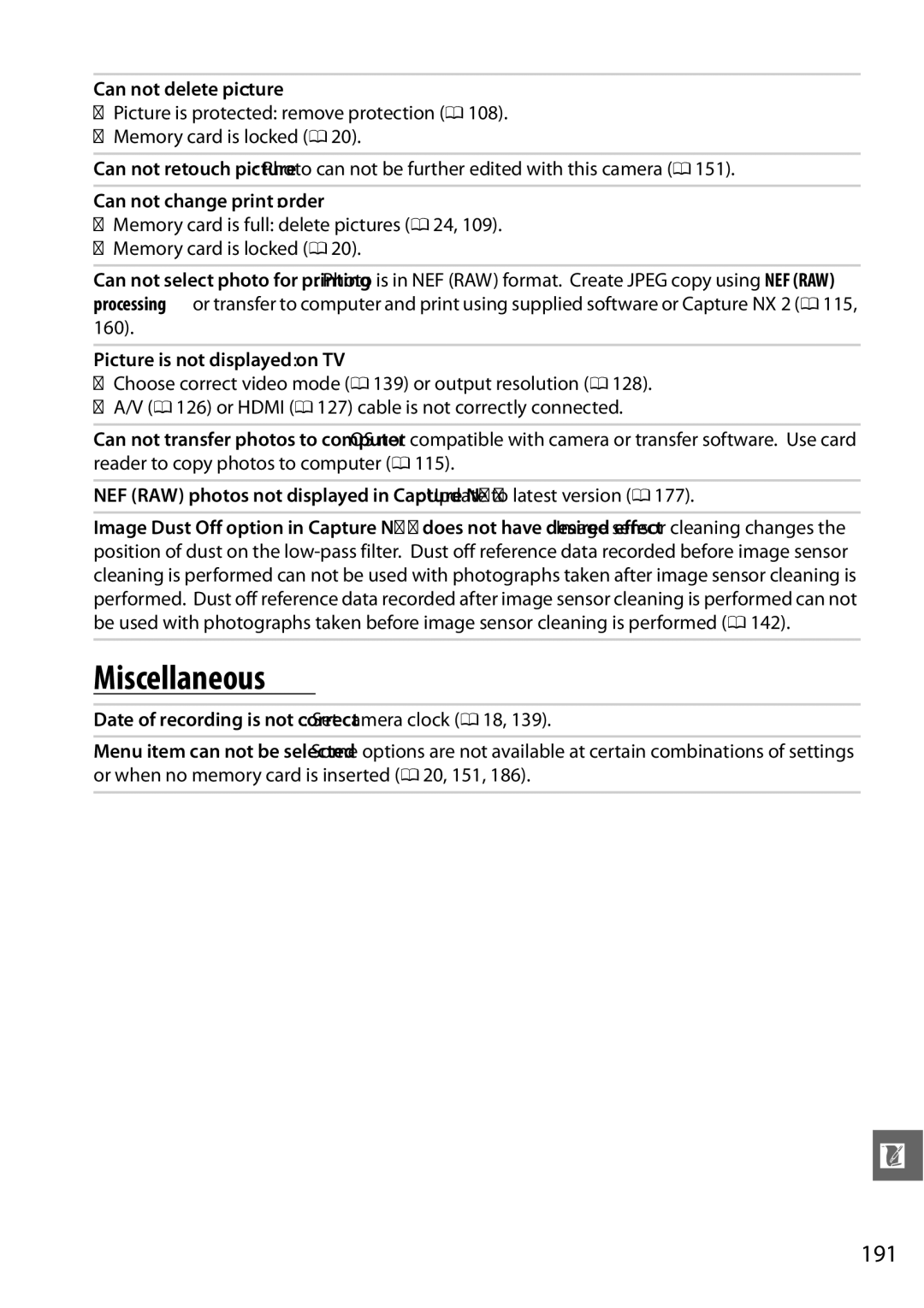 Nikon D3100 2 manual Miscellaneous, 191 