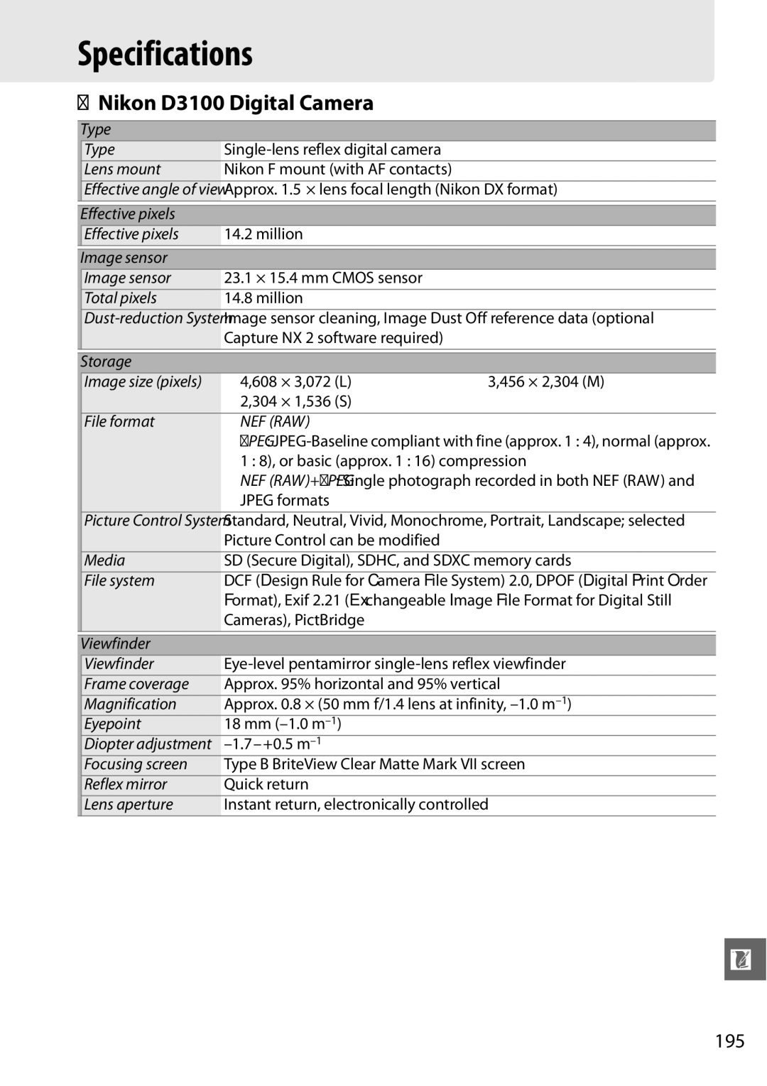 Nikon D3100 2 manual Specifications, Nikon D3100 Digital Camera, 195 