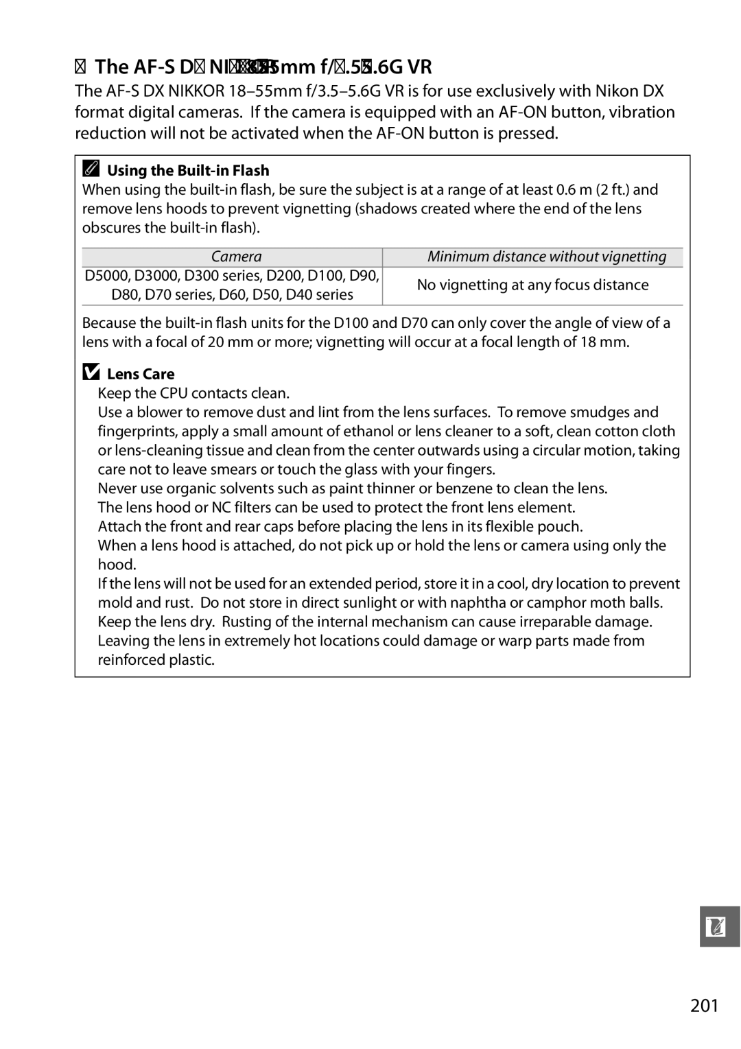 Nikon D3100 2 manual AF-S DX Nikkor 18-55mm f/3.5-5.6G VR, 201, Camera, Lens Care, Keep the CPU contacts clean 