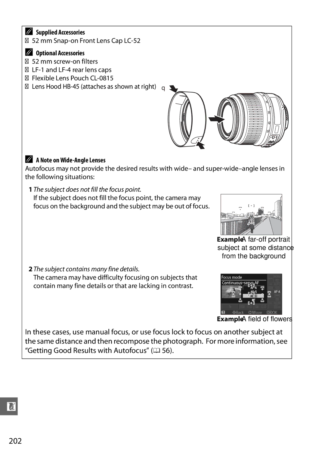 Nikon D3100 2 manual 202, Supplied Accessories, Optional Accessories, Subject does not fill the focus point 