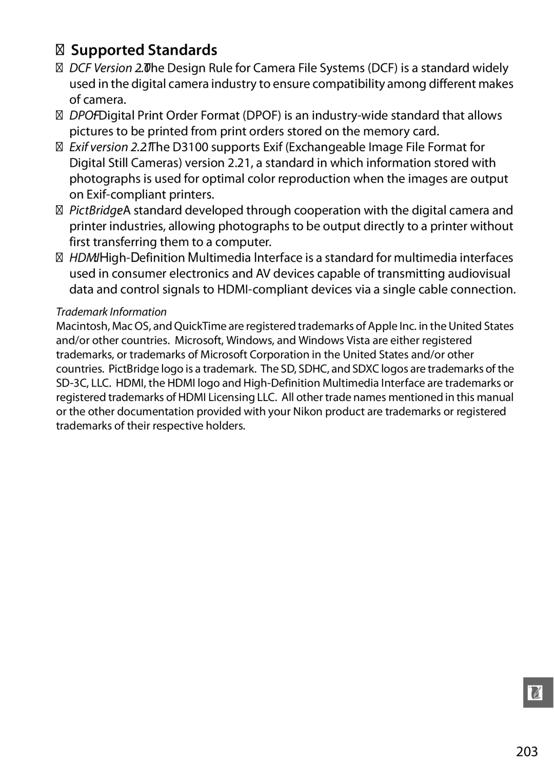 Nikon D3100 2 manual Supported Standards, 203, Trademark Information 