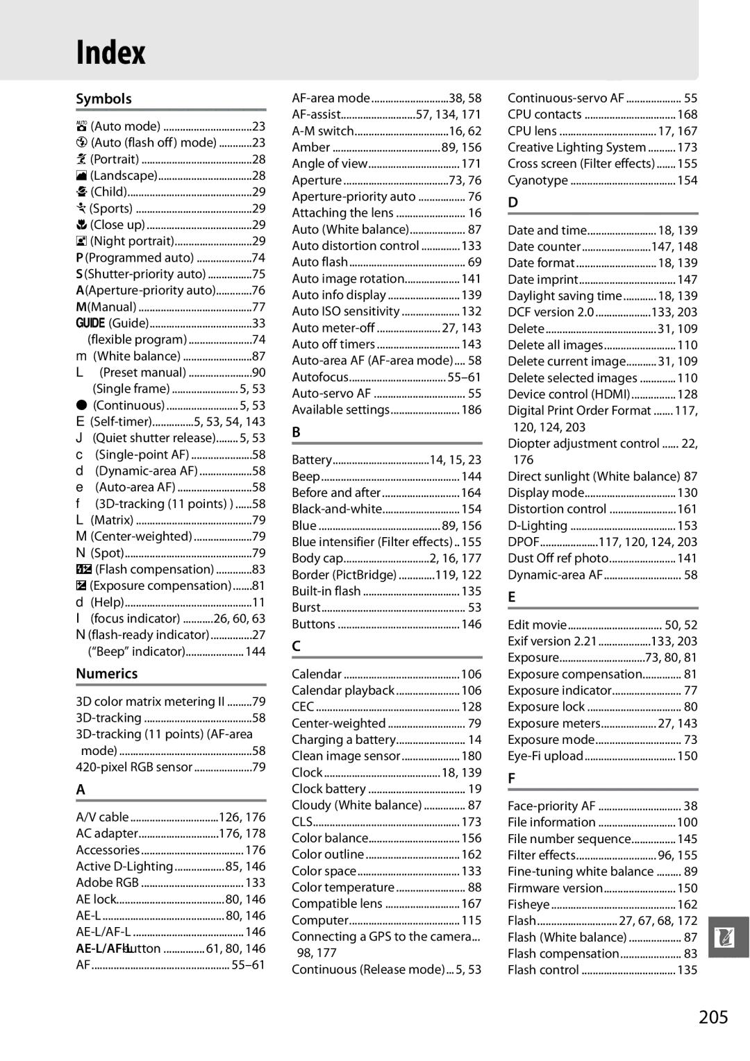 Nikon D3100 2 manual Index, 205 