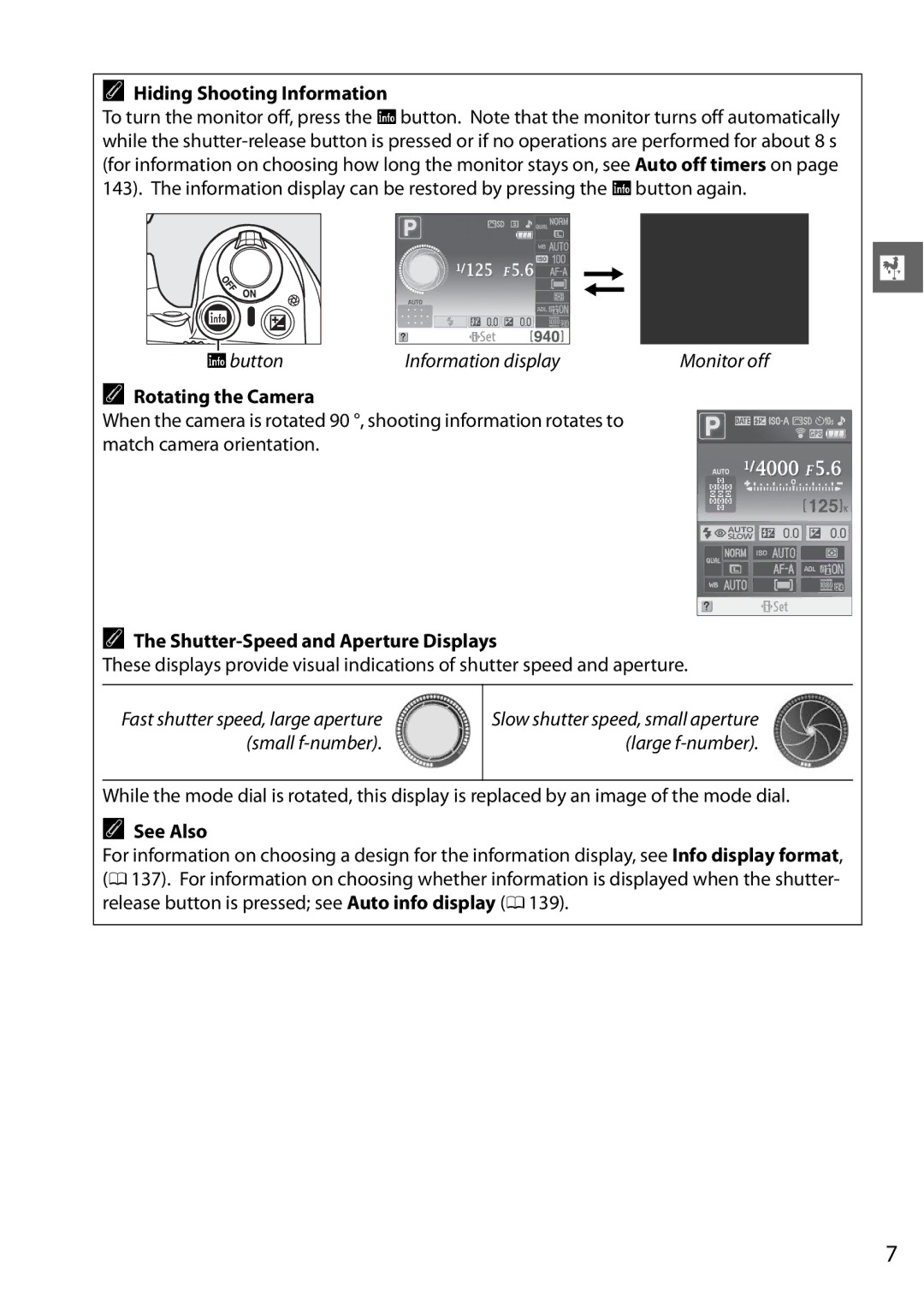 Nikon D3100 2 manual Hiding Shooting Information, Rotating the Camera, Shutter-Speed and Aperture Displays, See Also 