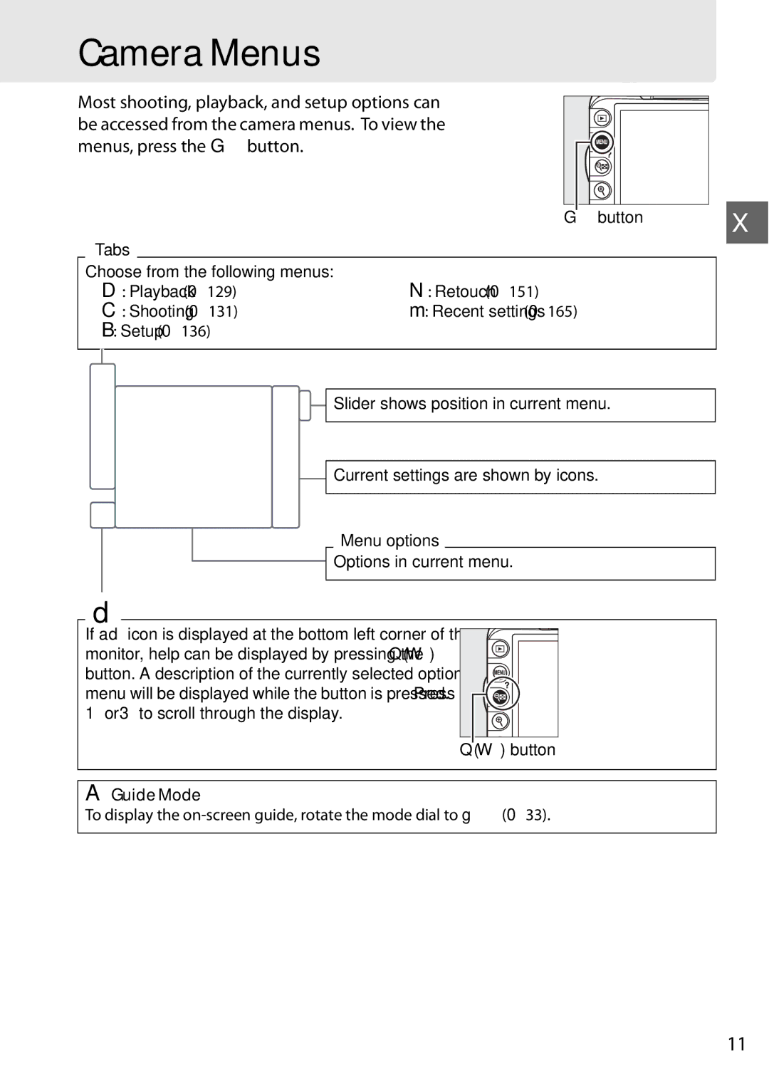 Nikon D3100 2 manual Camera Menus, Guide Mode, To display the on-screen guide, rotate the mode dial to g 0 