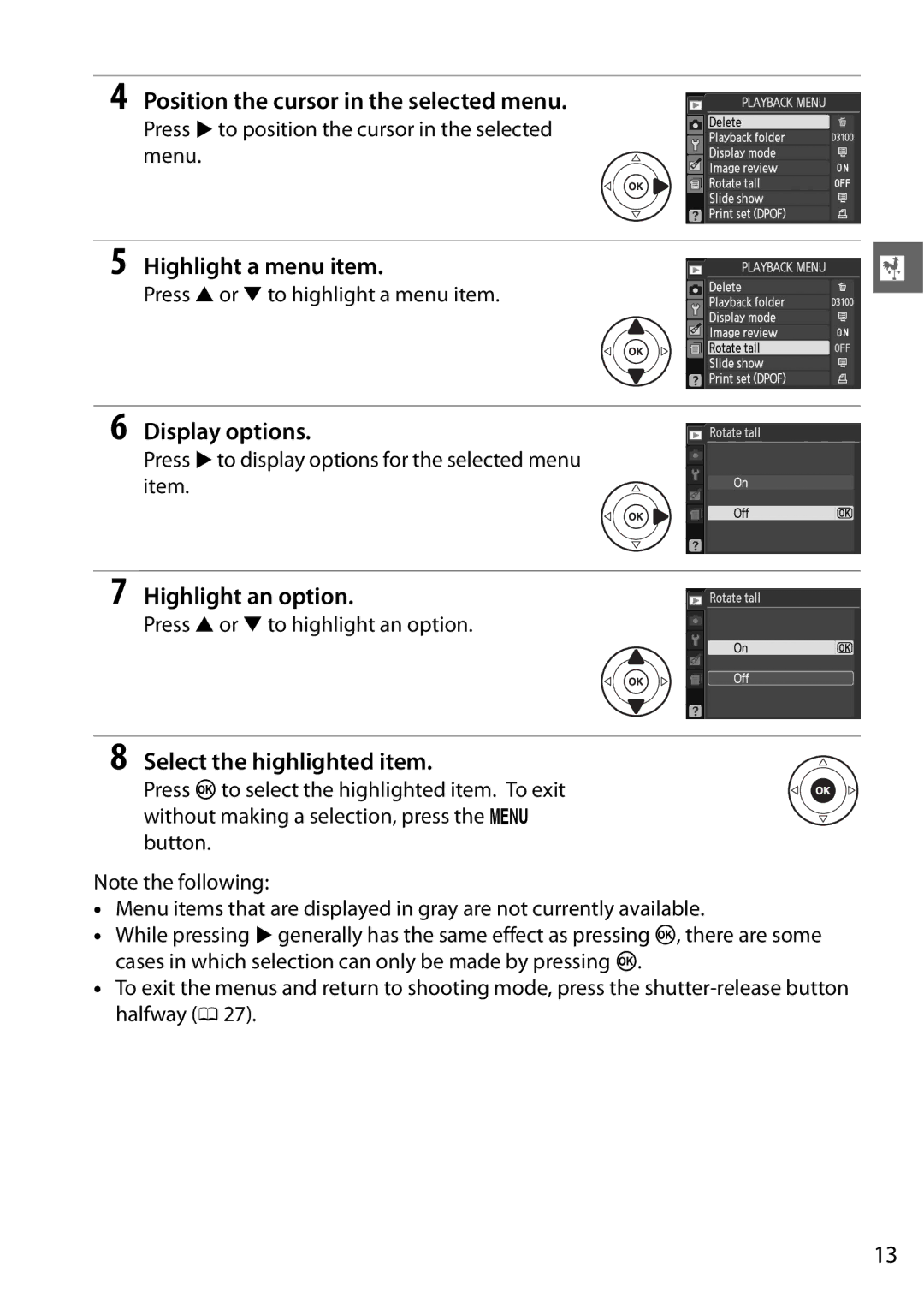 Nikon D3100 2 manual Position the cursor in the selected menu, Highlight a menu item, Display options, Highlight an option 