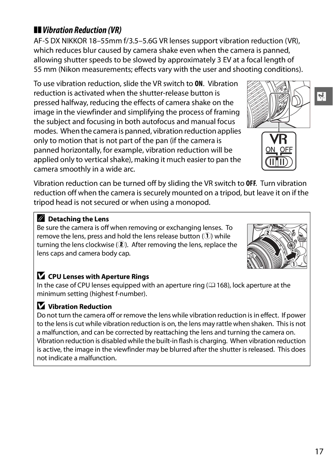 Nikon D3100 2 manual Vibration Reduction VR, Detaching the Lens, CPU Lenses with Aperture Rings 