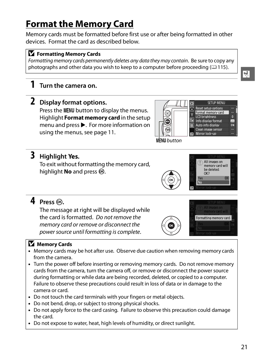 Nikon D3100 2 manual Format the Memory Card, Turn the camera on Display format options, Highlight Yes, Press J 