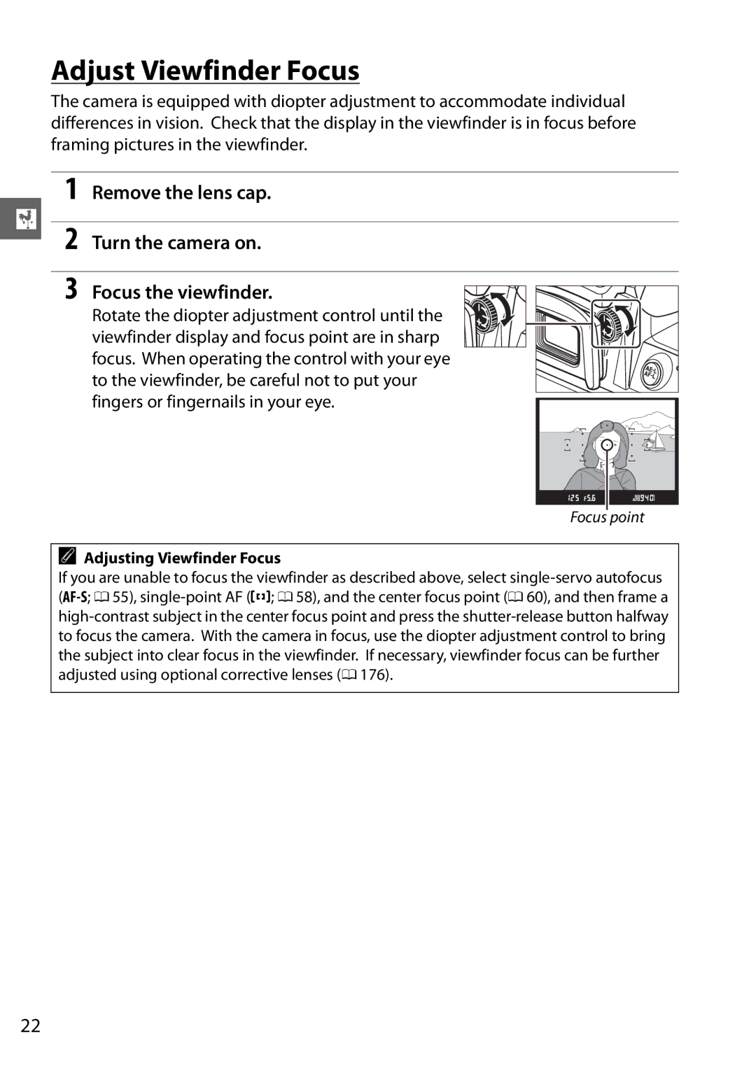 Nikon D3100 2 manual Adjust Viewfinder Focus, Remove the lens cap Turn the camera on Focus the viewfinder 