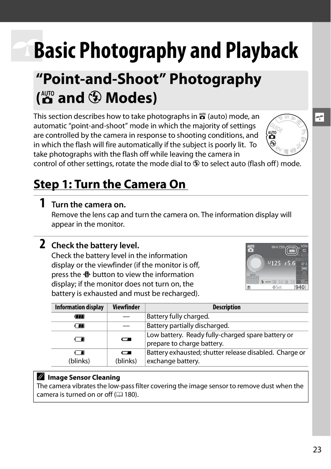 Nikon D3100 2 manual Point-and-Shoot Photography i and j Modes, Turn the Camera On, Check the battery level, Description 