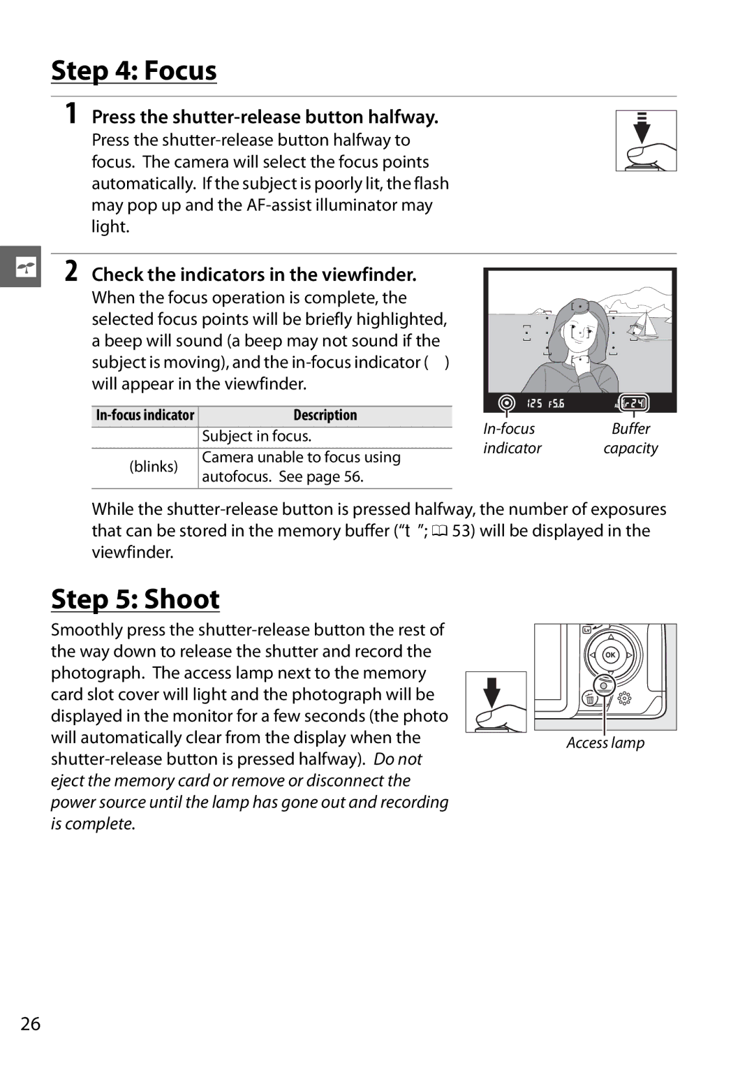 Nikon D3100 2 manual Focus, Shoot, Press the shutter-release button halfway, Check the indicators in the viewfinder 