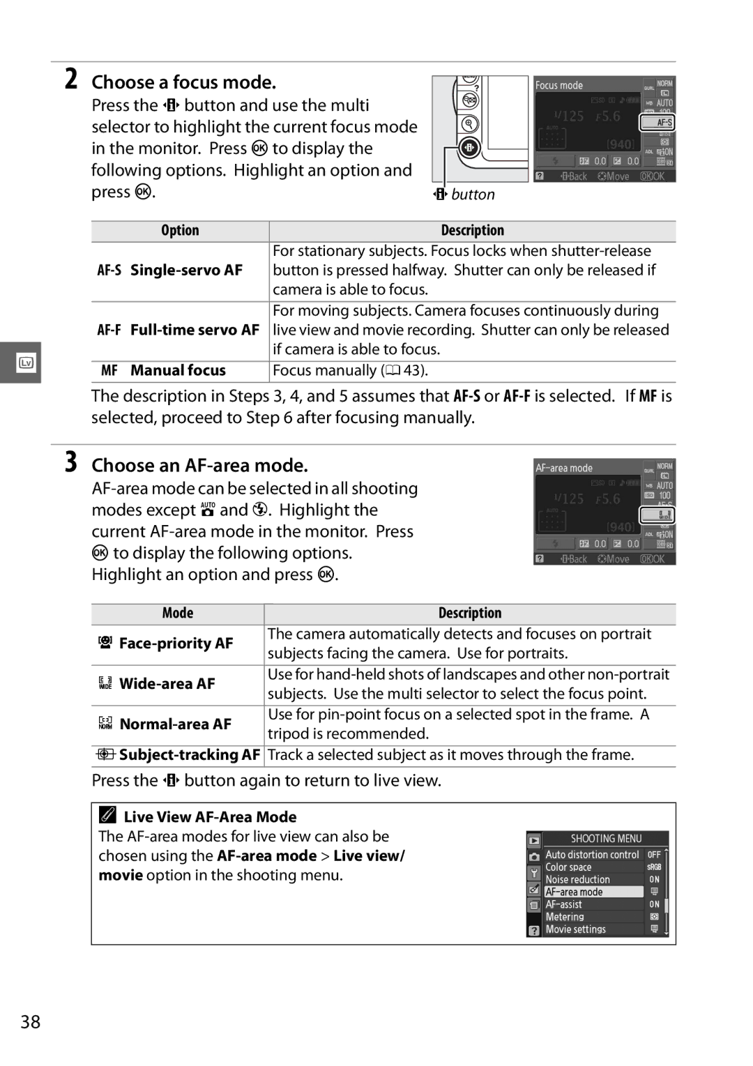 Nikon D3100 2 manual Choose a focus mode, Choose an AF-area mode, Press the P button again to return to live view 