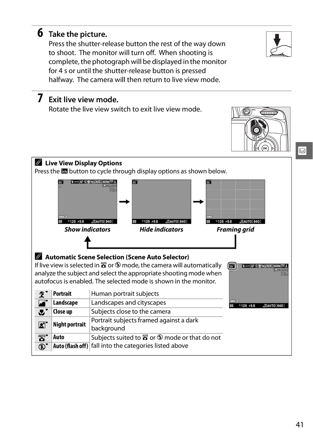 Nikon D3100 2 manual Take the picture, Exit live view mode, Rotate the live view switch to exit live view mode 