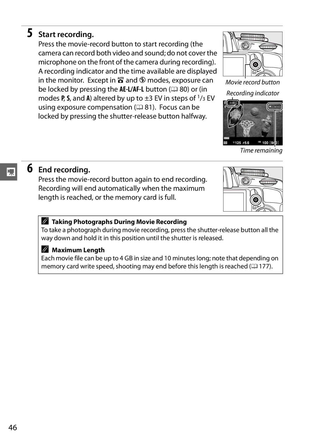 Nikon D3100 2 manual Start recording, End recording, Press the movie-record button to start recording 