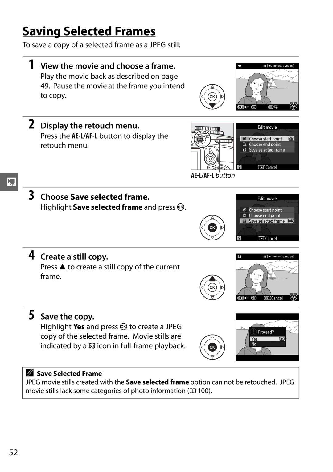 Nikon D3100 2 Saving Selected Frames, View the movie and choose a frame, Choose Save selected frame, Create a still copy 