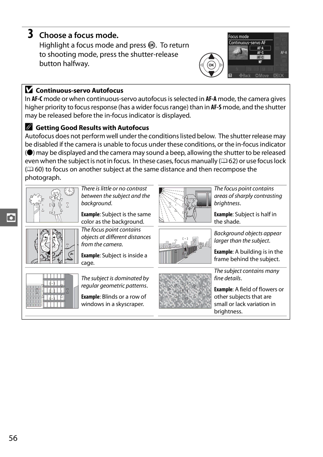 Nikon D3100 2 manual Continuous-servo Autofocus, Getting Good Results with Autofocus 