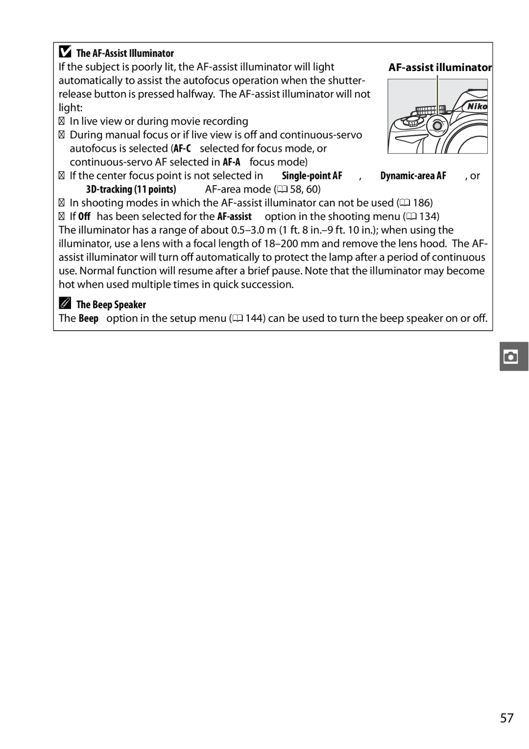 Nikon D3100 2 manual AF-Assist Illuminator, Beep Speaker 