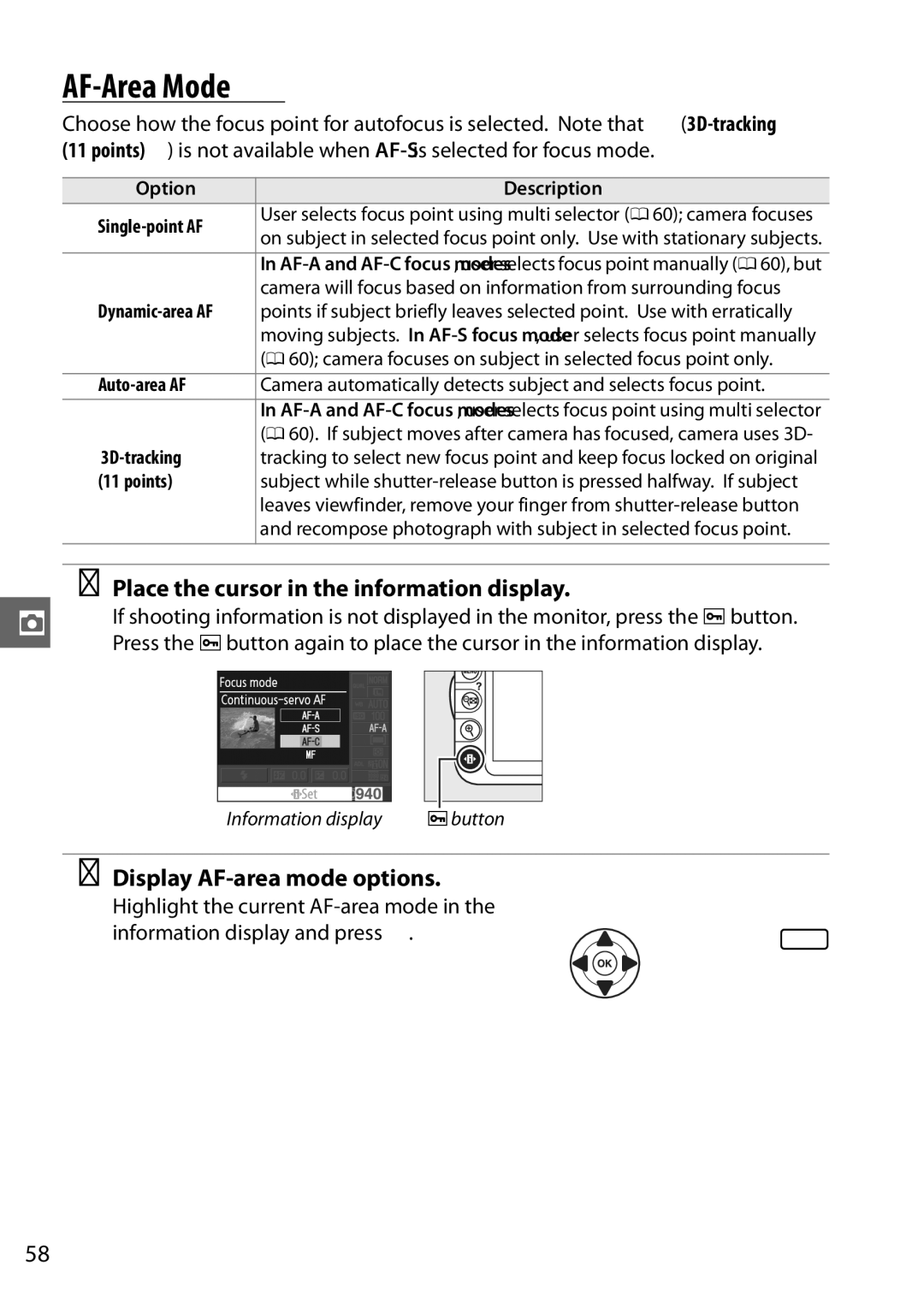 Nikon D3100 2 manual AF-Area Mode, Display AF-area mode options, Option Description Single-point AF 