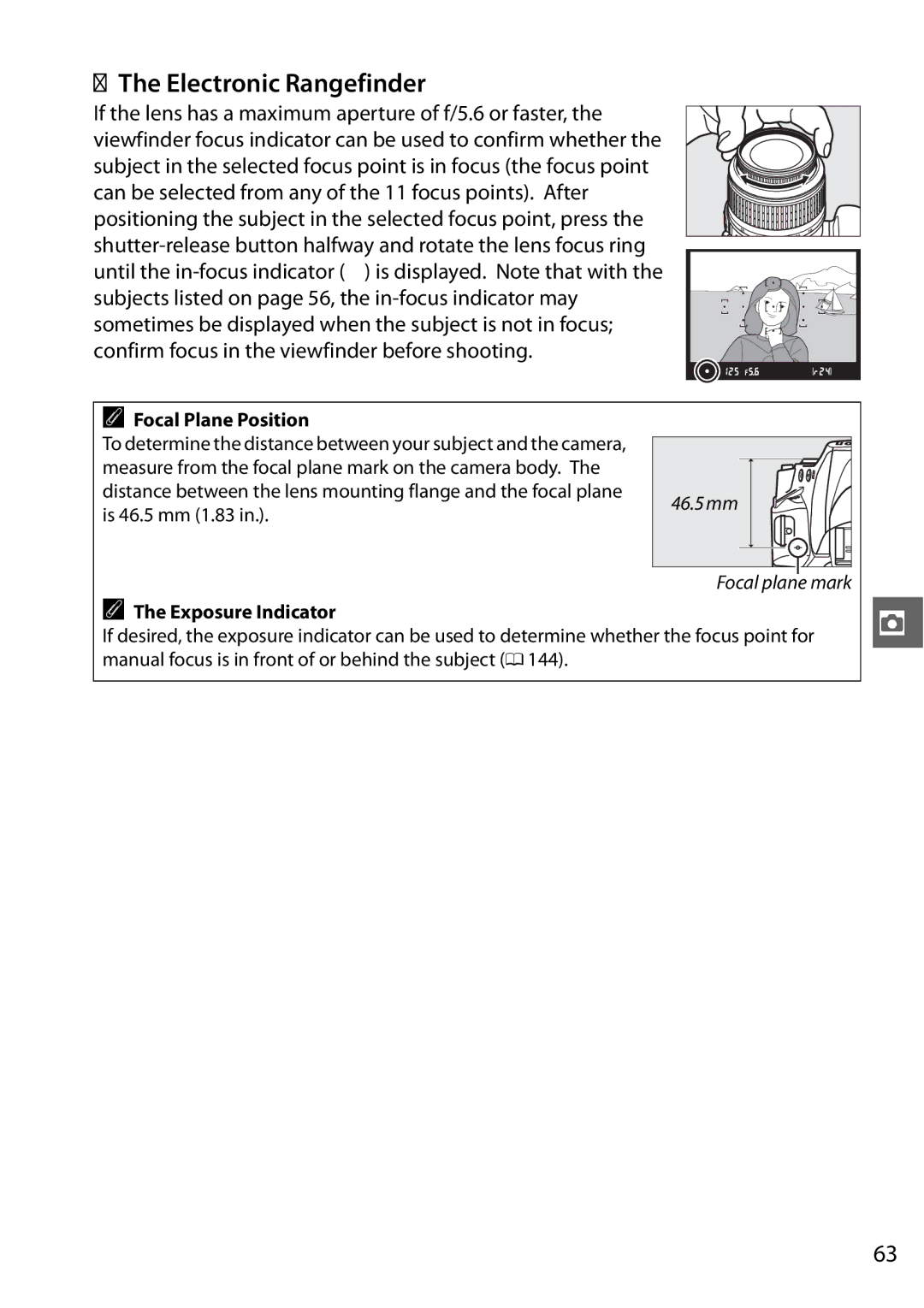Nikon D3100 2 manual Electronic Rangefinder, Focal Plane Position, Is 46.5 mm 1.83, Exposure Indicator 