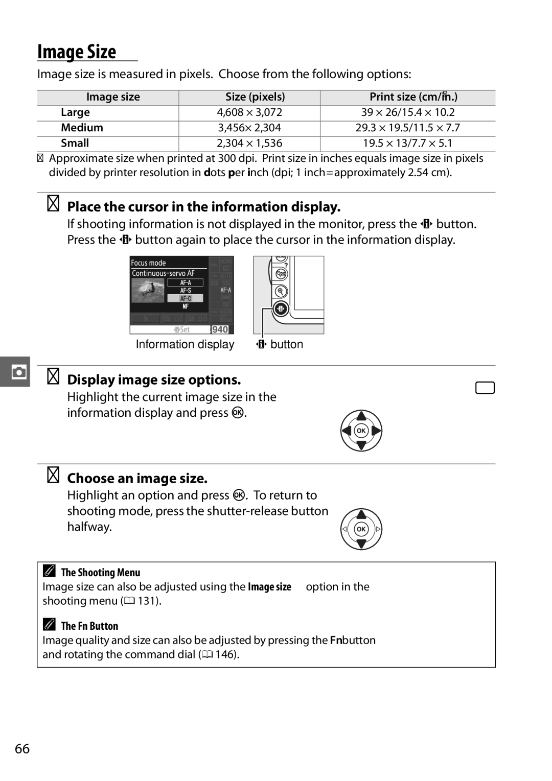 Nikon D3100 2 manual Image Size, Display image size options, Choose an image size 