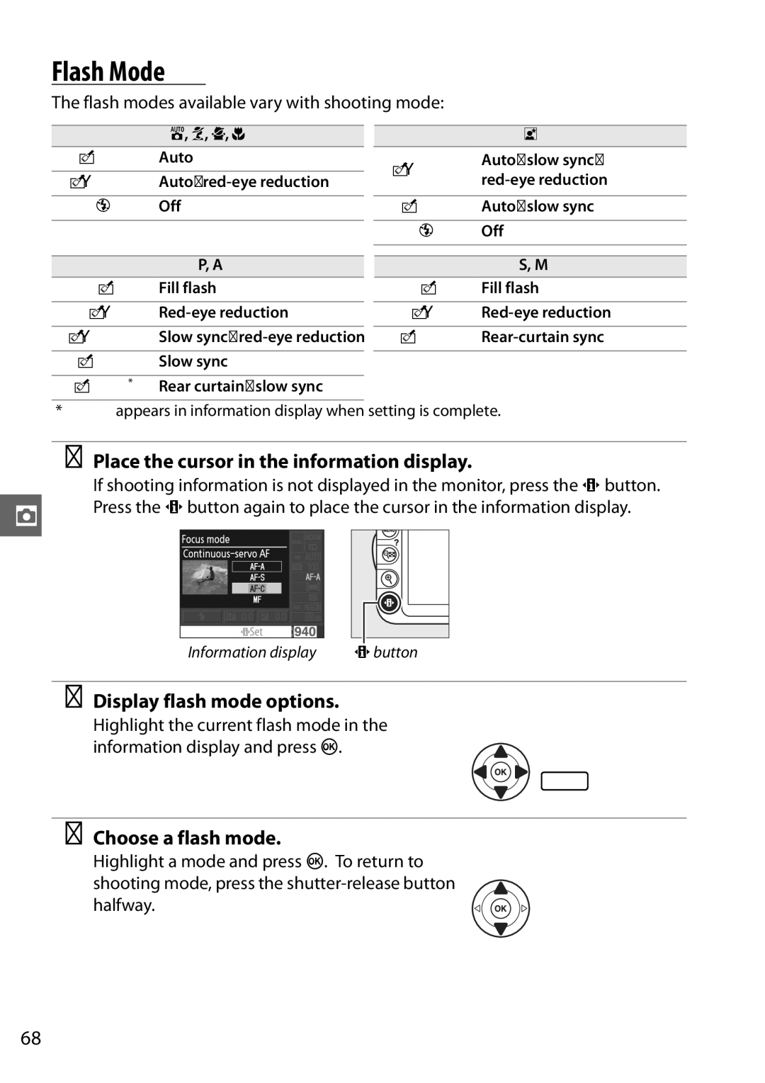 Nikon D3100 2 Flash Mode, Display flash mode options, Choose a flash mode, Flash modes available vary with shooting mode 